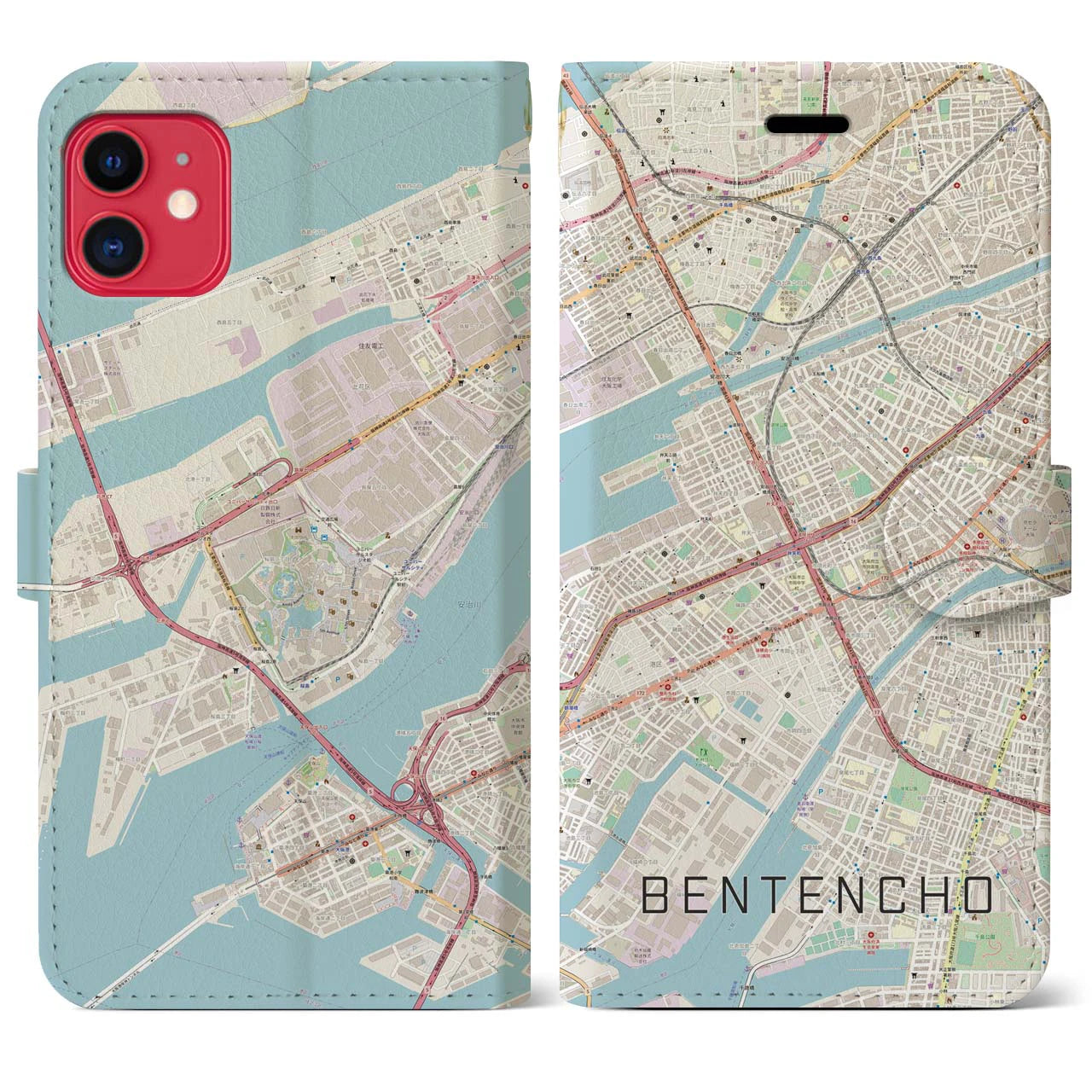 【弁天町(大阪府)】地図柄iPhoneケース(手帳タイプ)ナチュラル・iPhone 11 用