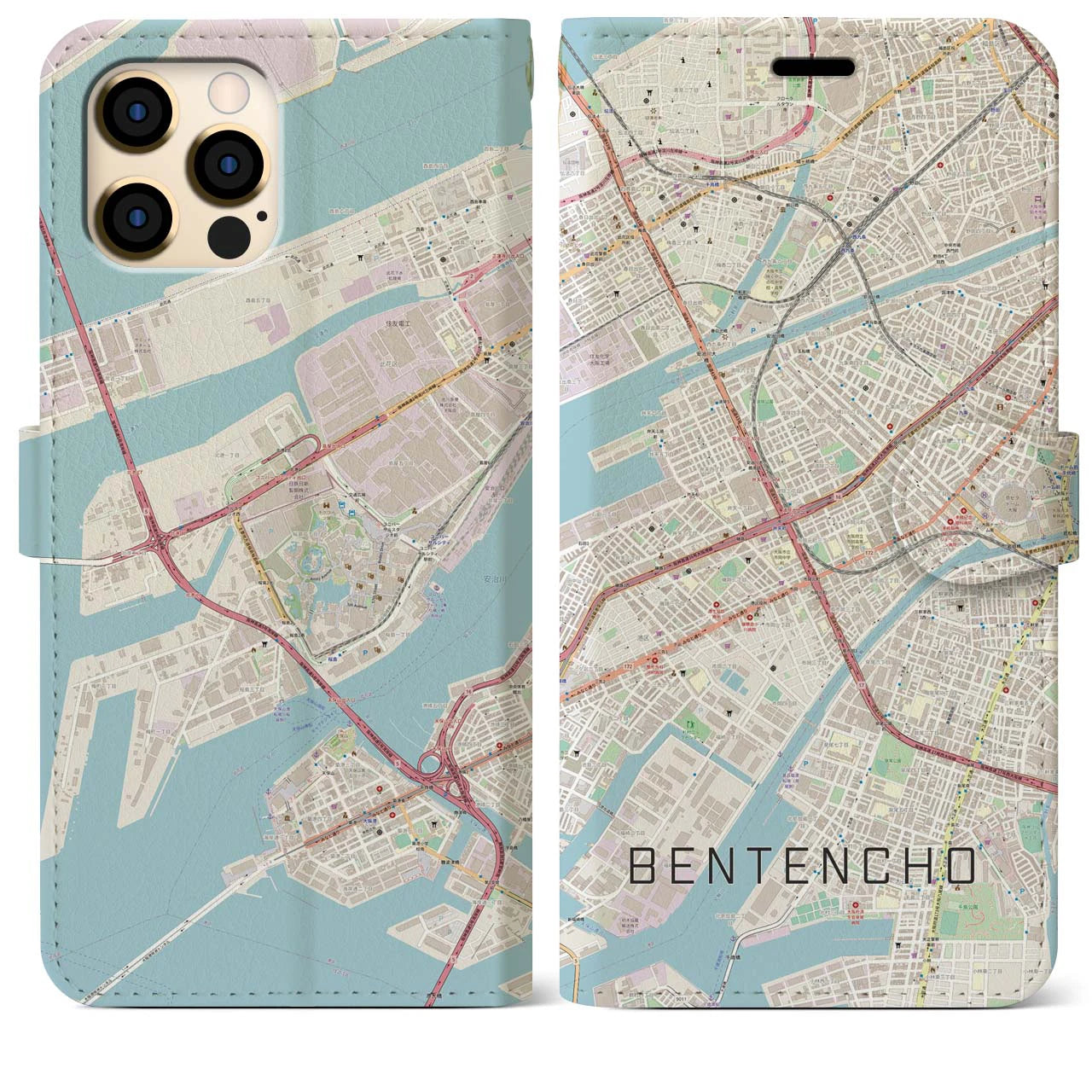 【弁天町(大阪府)】地図柄iPhoneケース(手帳タイプ)ナチュラル・iPhone 12 Pro Max 用