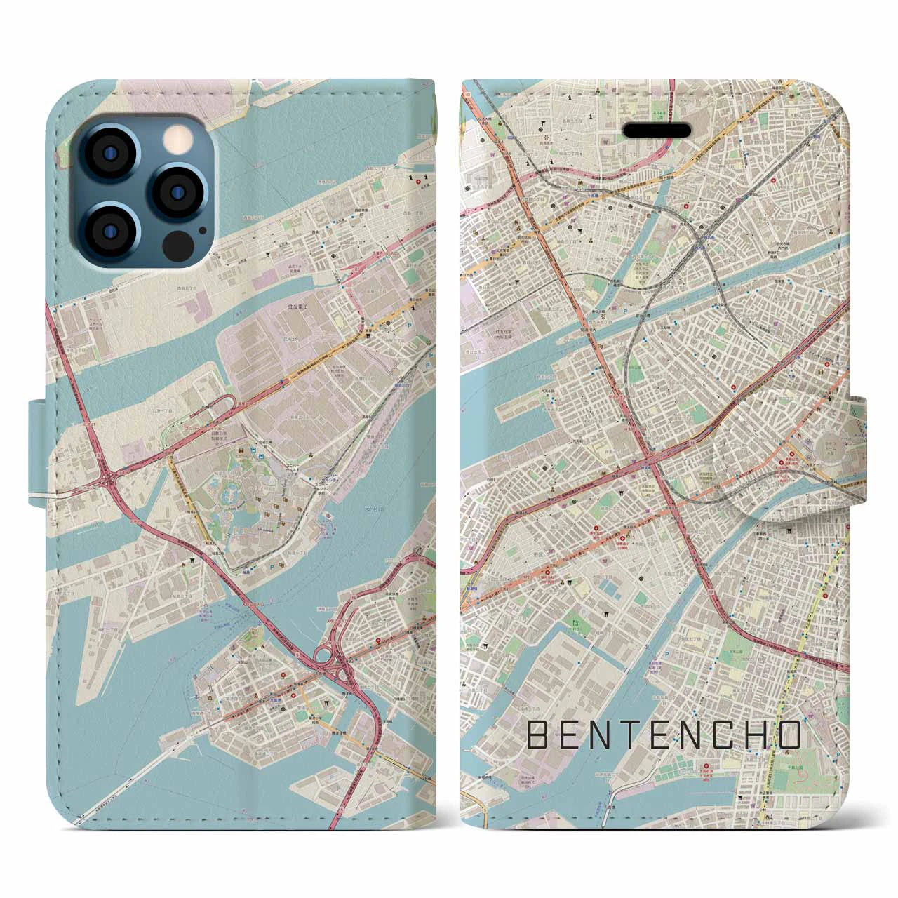 【弁天町(大阪府)】地図柄iPhoneケース(手帳タイプ)ナチュラル・iPhone 12 / 12 Pro 用