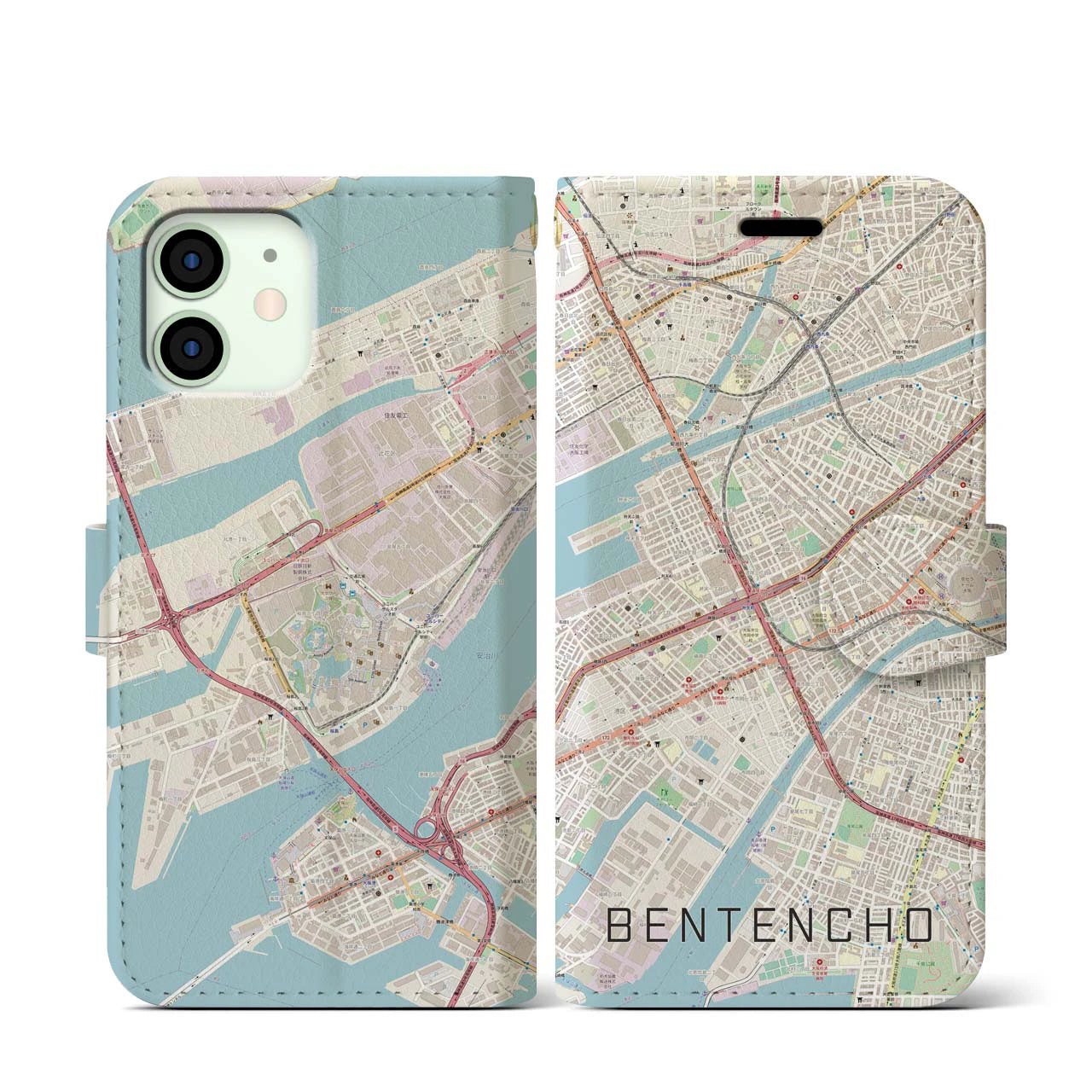 【弁天町(大阪府)】地図柄iPhoneケース(手帳タイプ)ナチュラル・iPhone 12 mini 用