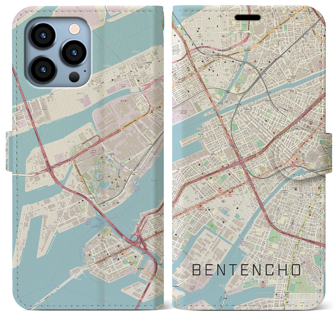 【弁天町(大阪府)】地図柄iPhoneケース(手帳タイプ)ナチュラル・iPhone 13 Pro Max 用