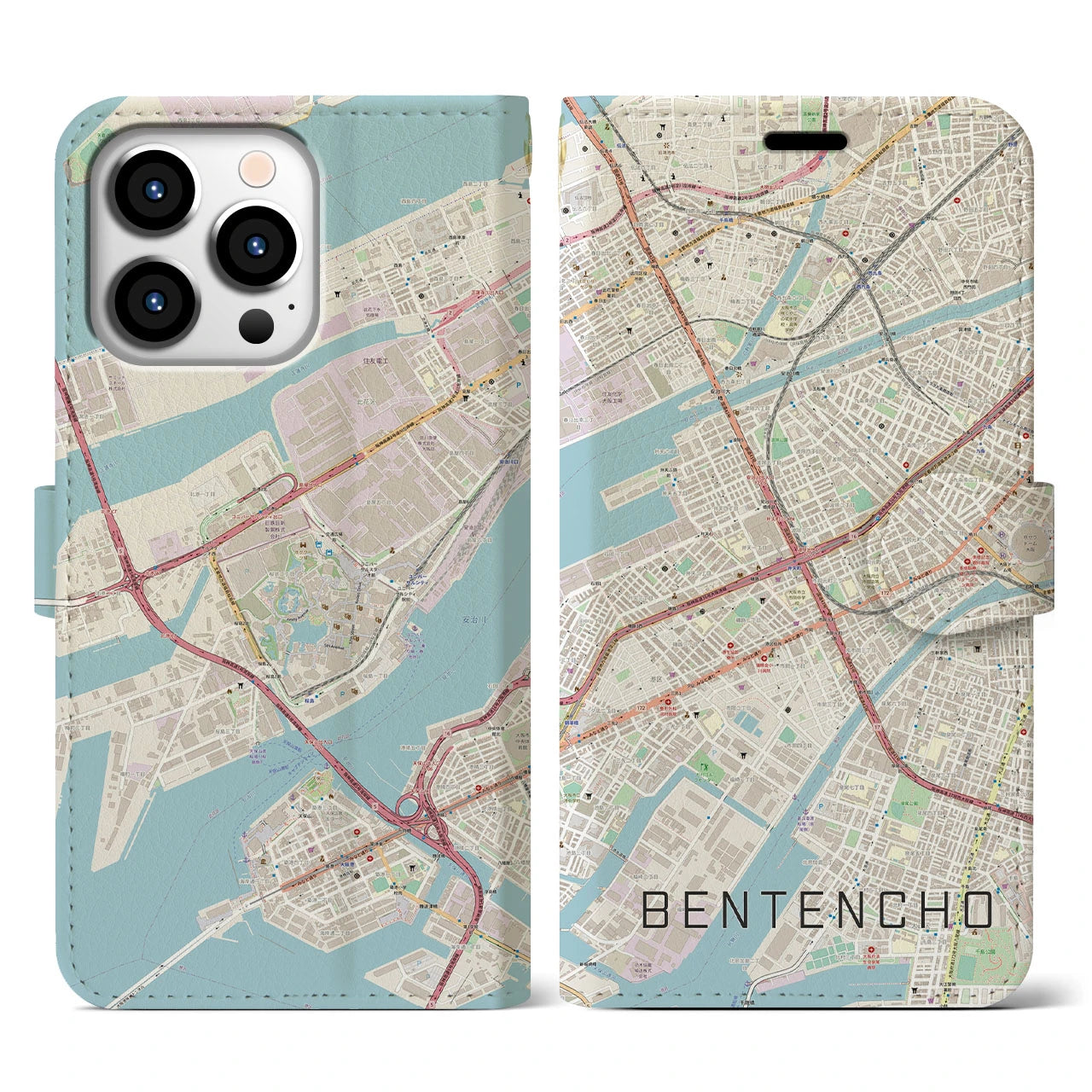 【弁天町(大阪府)】地図柄iPhoneケース(手帳タイプ)ナチュラル・iPhone 13 Pro 用