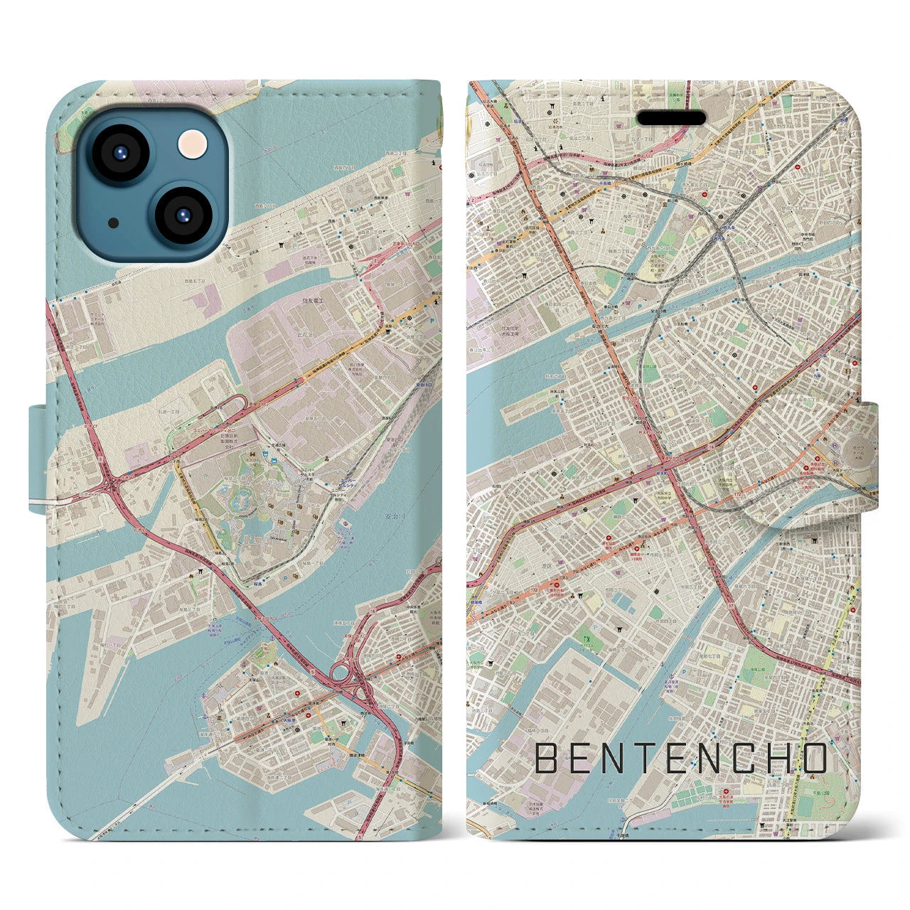 【弁天町(大阪府)】地図柄iPhoneケース(手帳タイプ)ナチュラル・iPhone 13 用