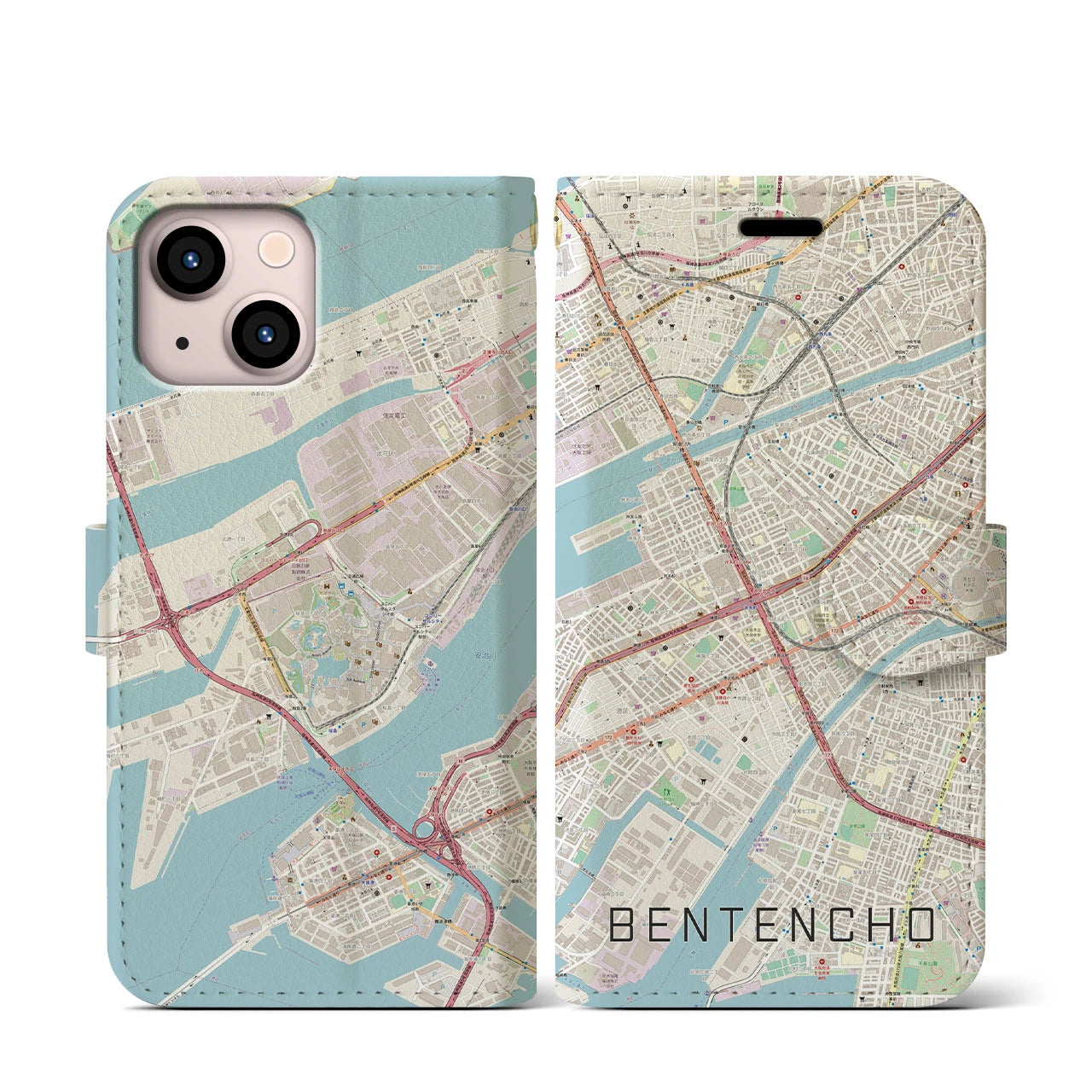 【弁天町(大阪府)】地図柄iPhoneケース(手帳タイプ)ナチュラル・iPhone 13 mini 用