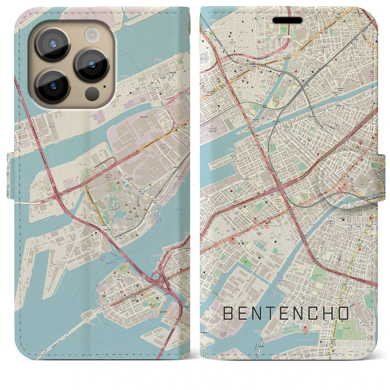 【弁天町(大阪府)】地図柄iPhoneケース(手帳タイプ)ナチュラル・iPhone 14 Pro Max 用