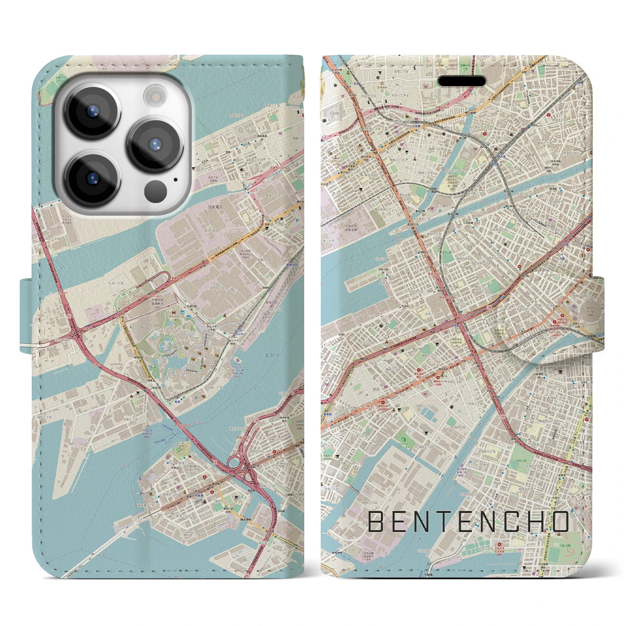 【弁天町(大阪府)】地図柄iPhoneケース(手帳タイプ)ナチュラル・iPhone 14 Pro 用