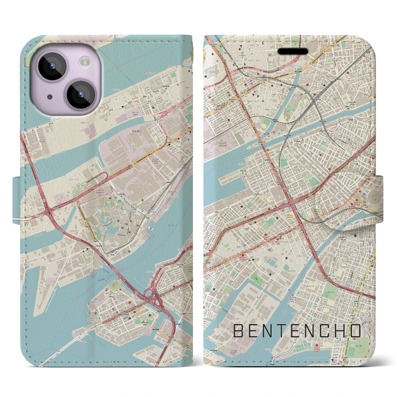 【弁天町(大阪府)】地図柄iPhoneケース(手帳タイプ)ナチュラル・iPhone 14 用
