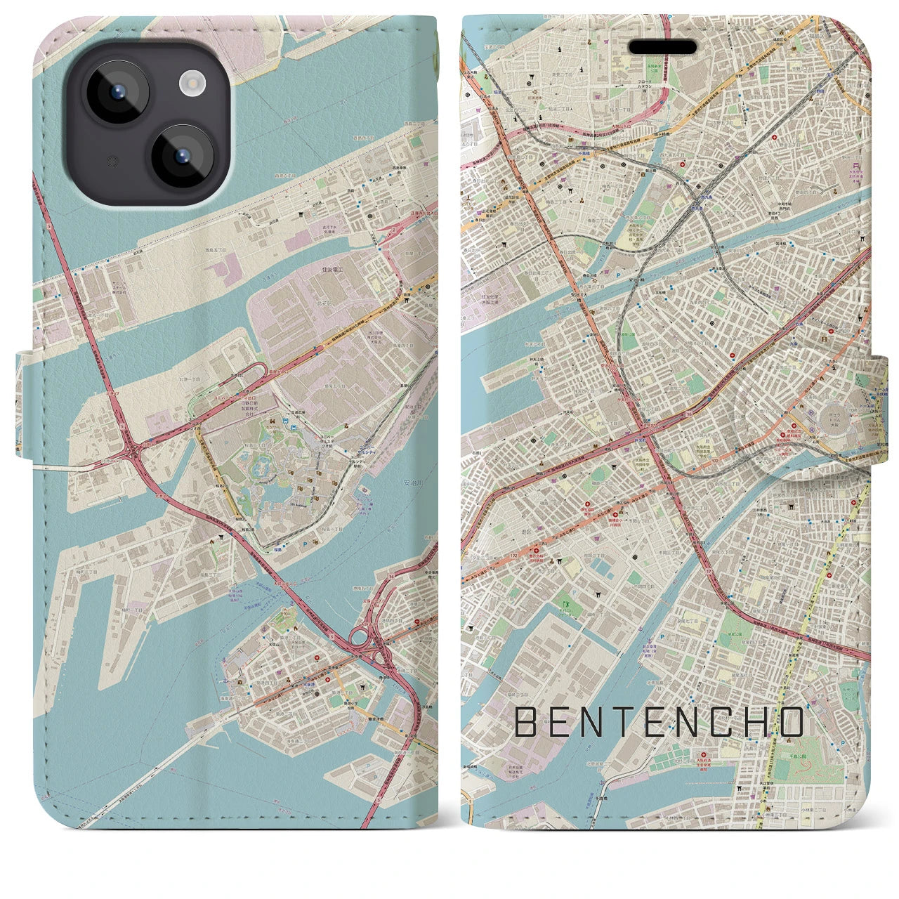 【弁天町(大阪府)】地図柄iPhoneケース(手帳タイプ)ナチュラル・iPhone 14 Plus 用