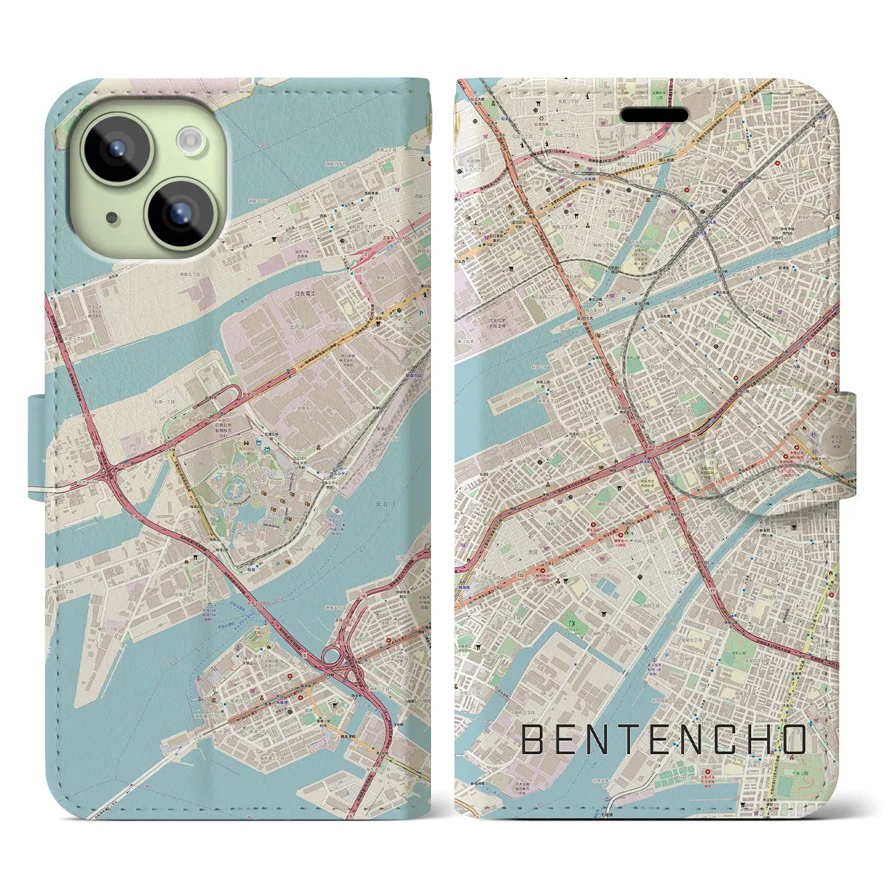 【弁天町(大阪府)】地図柄iPhoneケース(手帳タイプ)ナチュラル・iPhone 15 用