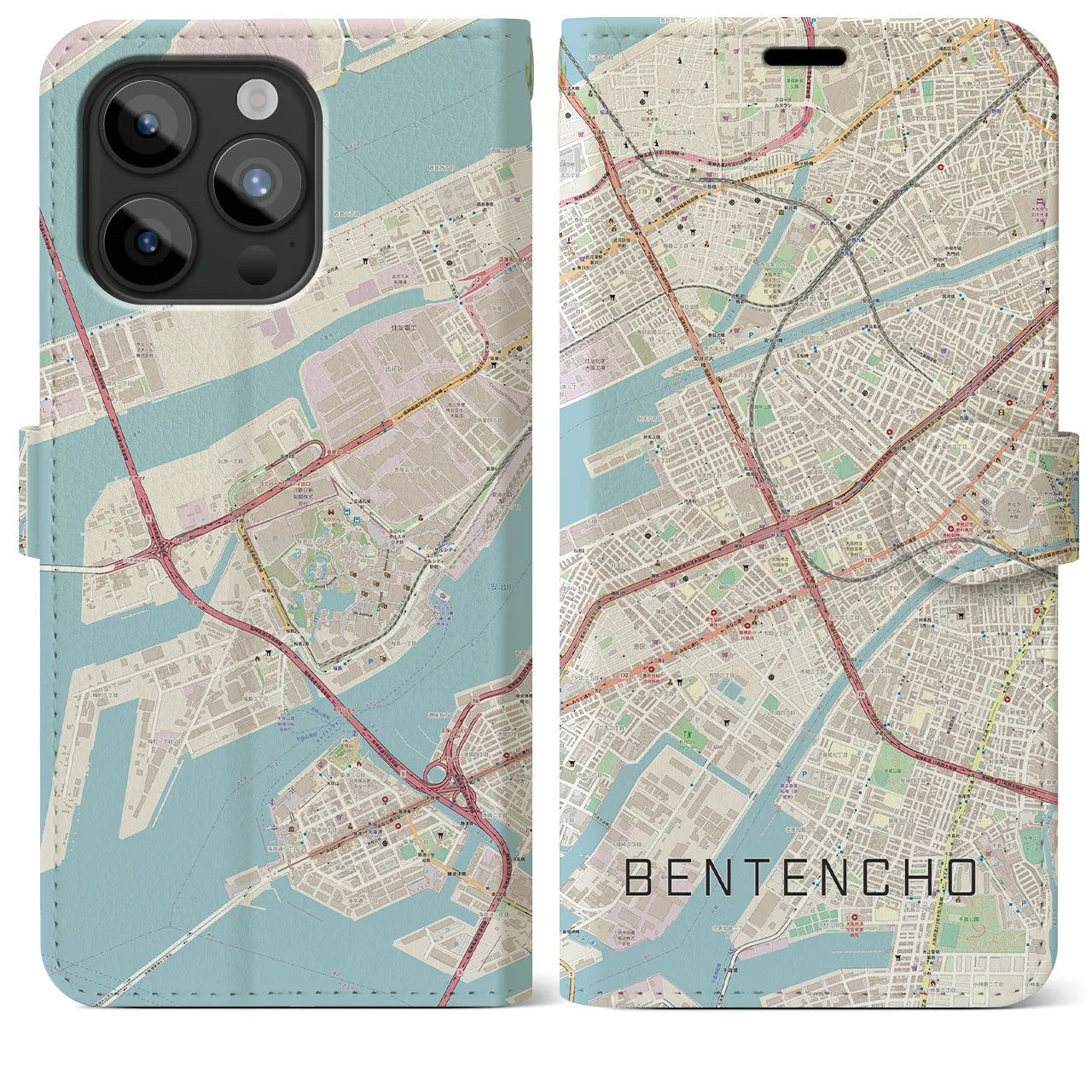 【弁天町(大阪府)】地図柄iPhoneケース(手帳タイプ)ナチュラル・iPhone 15 Pro Max 用