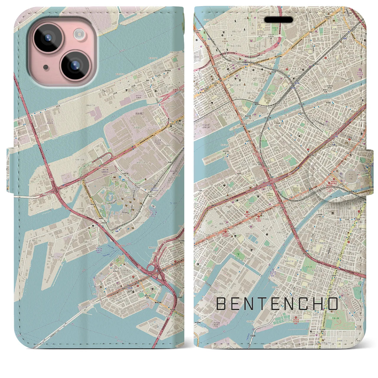 【弁天町(大阪府)】地図柄iPhoneケース(手帳タイプ)ナチュラル・iPhone 15 Plus 用