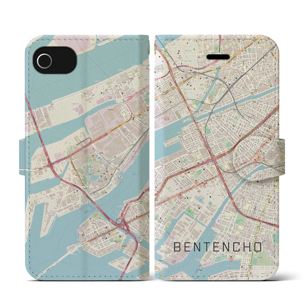 【弁天町(大阪府)】地図柄iPhoneケース(手帳タイプ)ナチュラル・iPhone SE(第3 / 第2世代) / 8 / 7 / 6s / 6 用