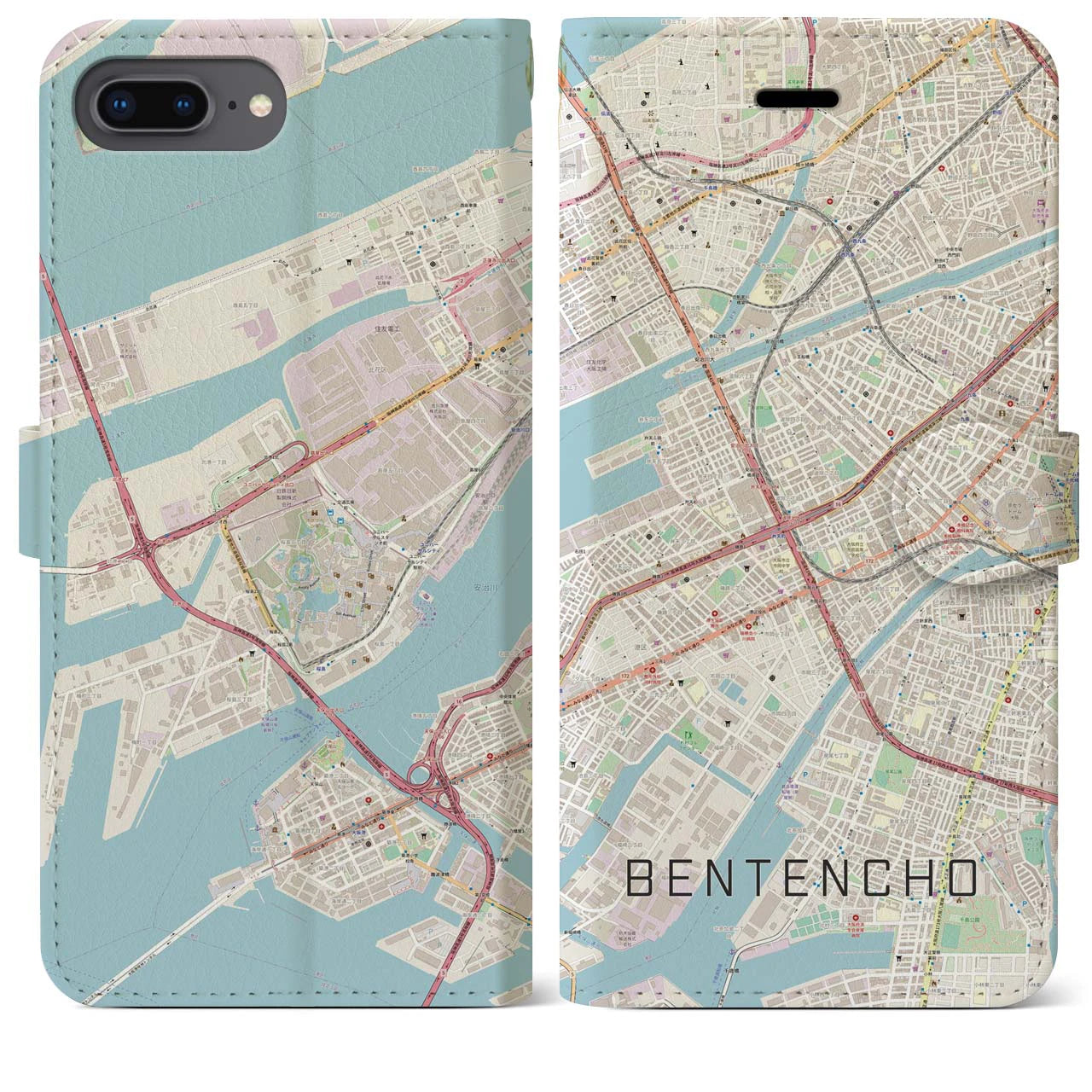 【弁天町(大阪府)】地図柄iPhoneケース(手帳タイプ)ナチュラル・iPhone 8Plus /7Plus / 6sPlus / 6Plus 用