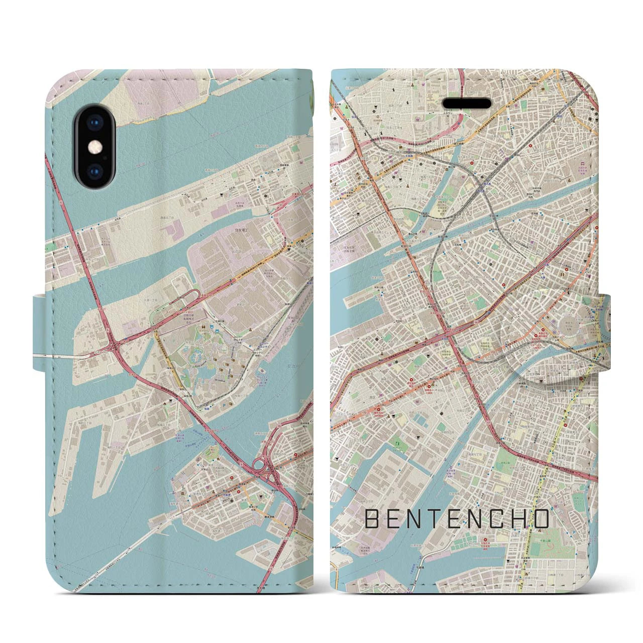 【弁天町(大阪府)】地図柄iPhoneケース(手帳タイプ)ナチュラル・iPhone XS / X 用