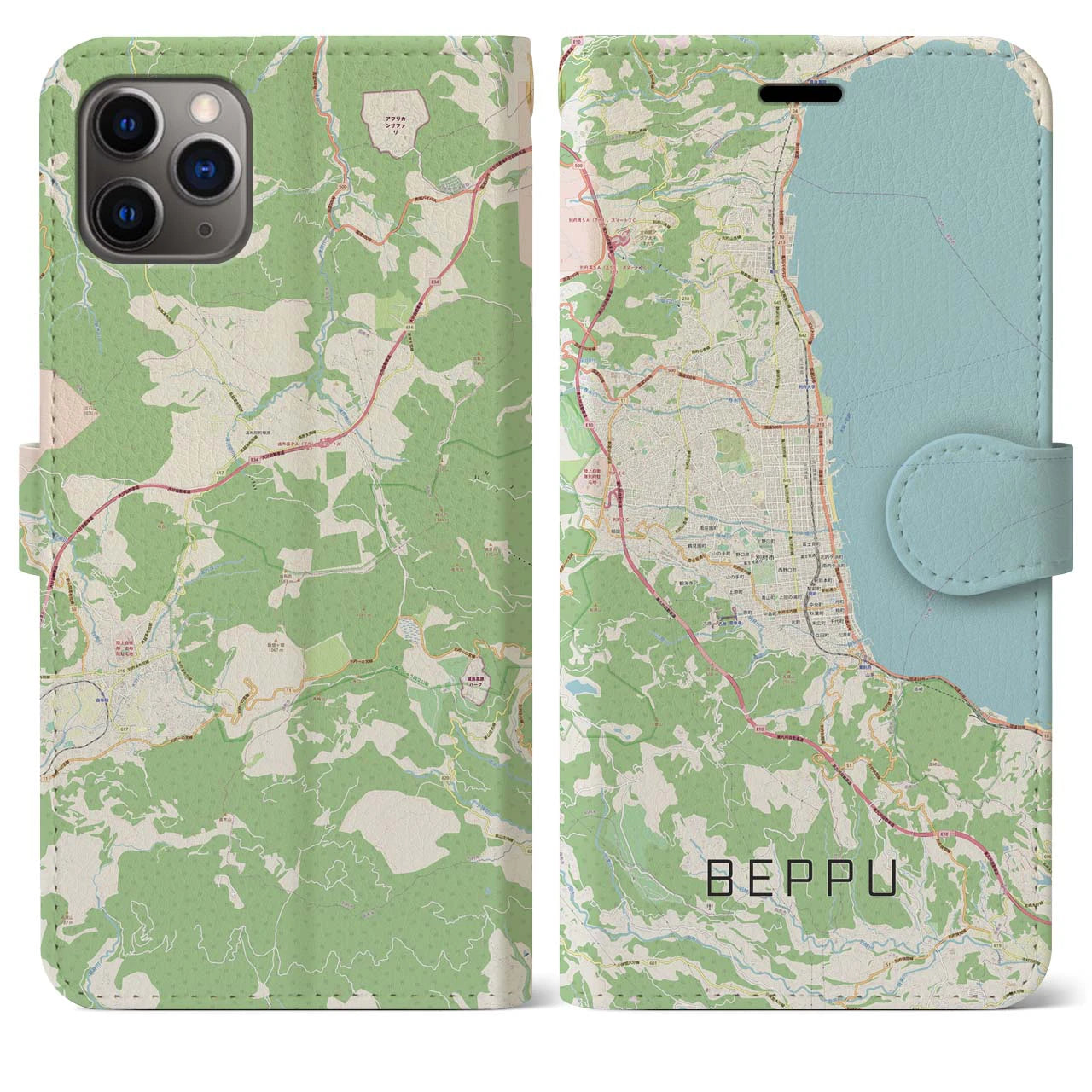 【別府(大分県)】地図柄iPhoneケース(手帳タイプ)ナチュラル・iPhone 11 Pro Max 用