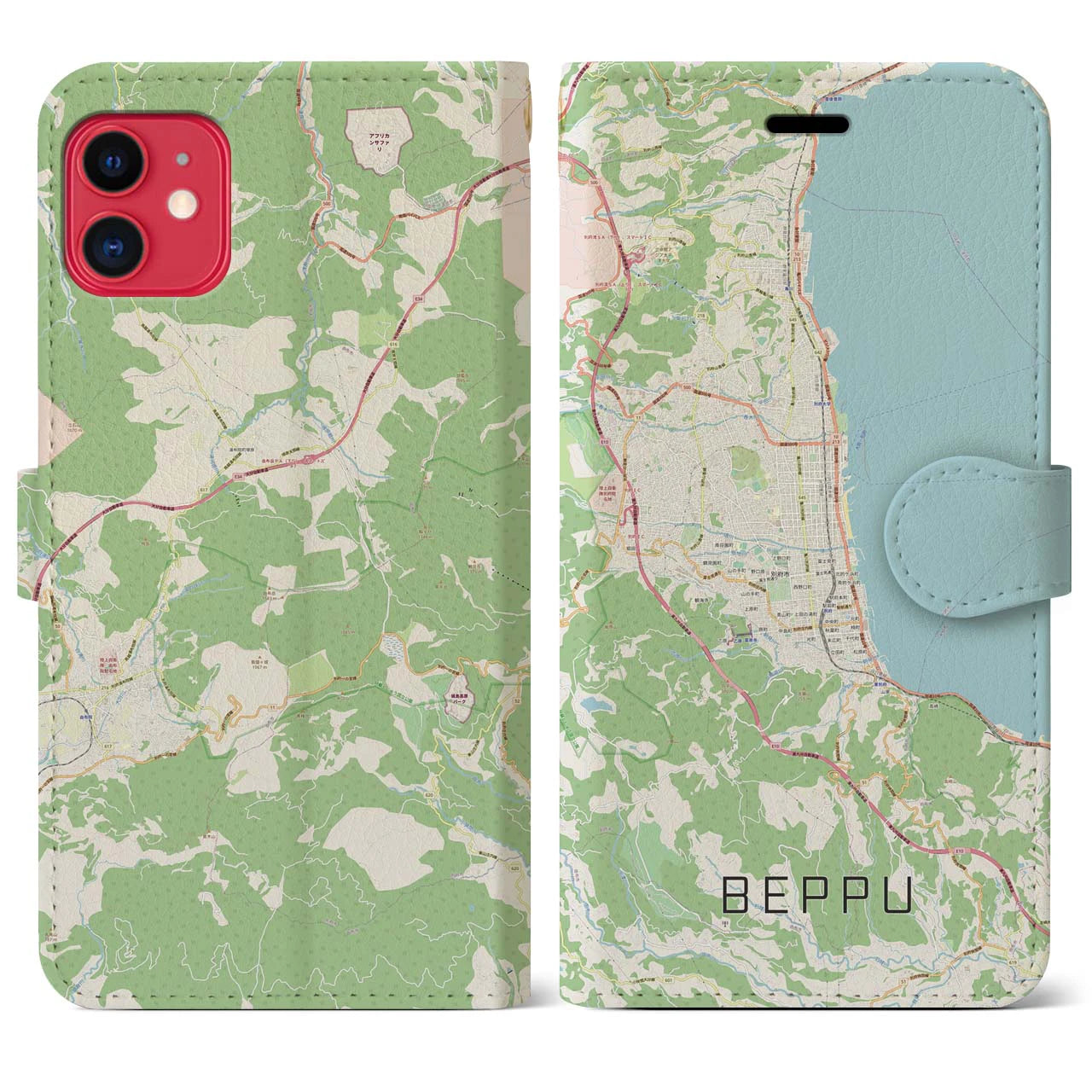 【別府(大分県)】地図柄iPhoneケース(手帳タイプ)ナチュラル・iPhone 11 用