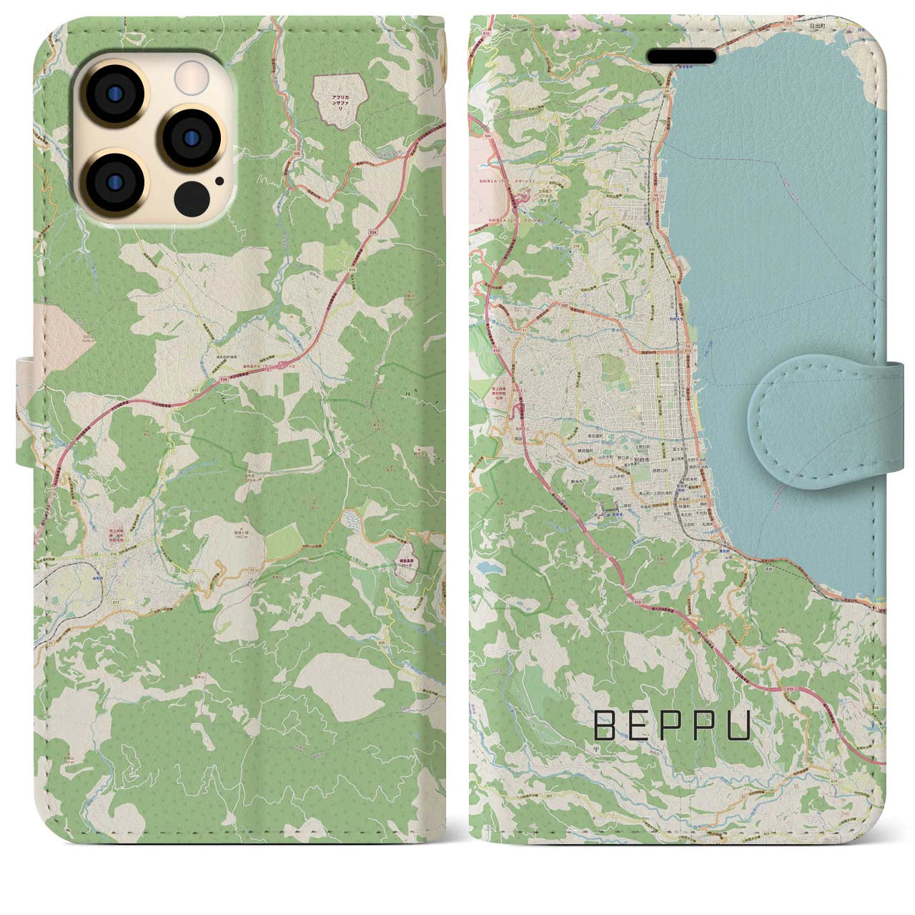 【別府(大分県)】地図柄iPhoneケース(手帳タイプ)ナチュラル・iPhone 12 Pro Max 用