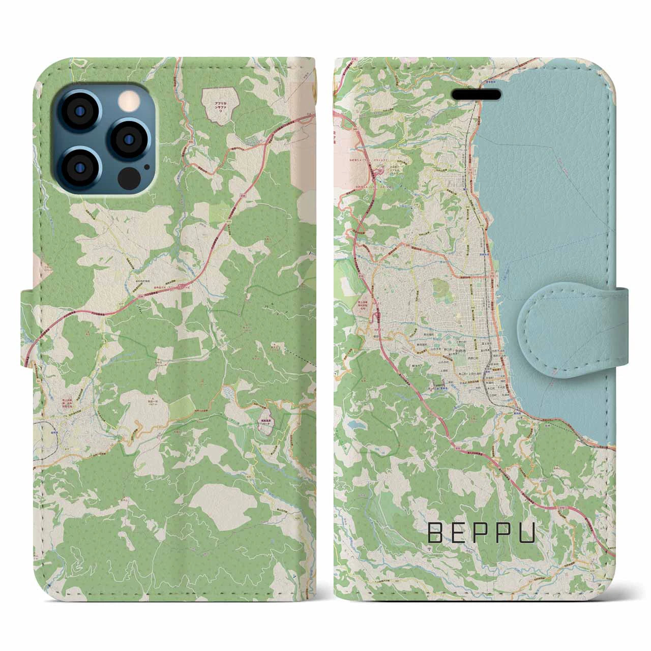 【別府(大分県)】地図柄iPhoneケース(手帳タイプ)ナチュラル・iPhone 12 / 12 Pro 用