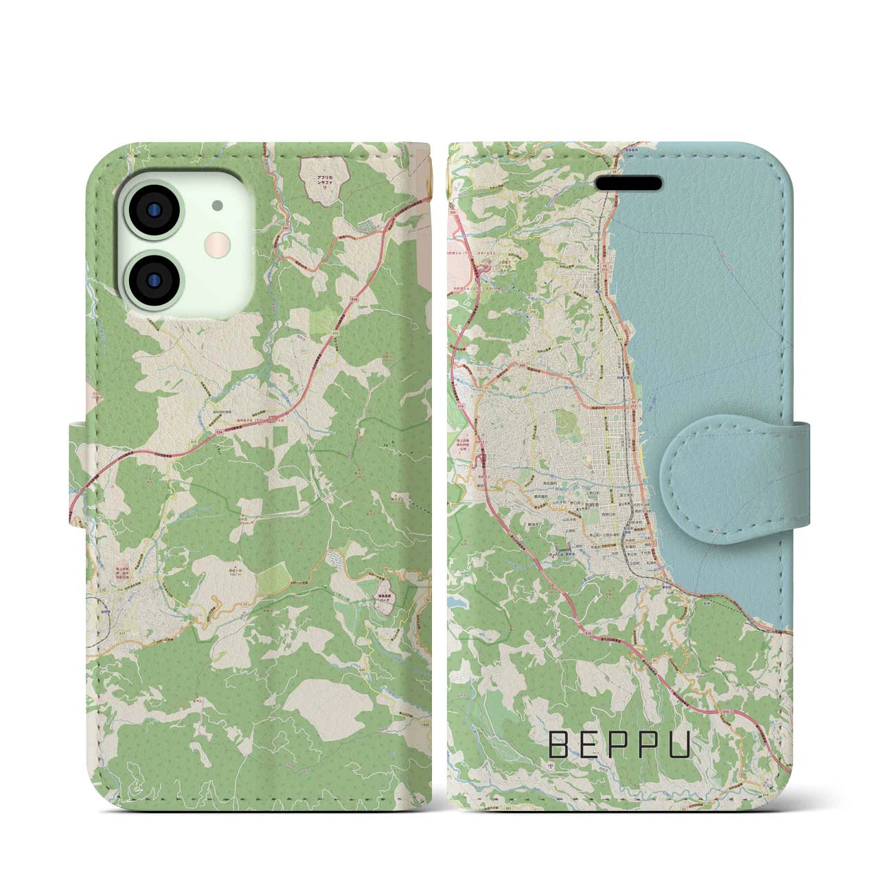 【別府(大分県)】地図柄iPhoneケース(手帳タイプ)ナチュラル・iPhone 12 mini 用