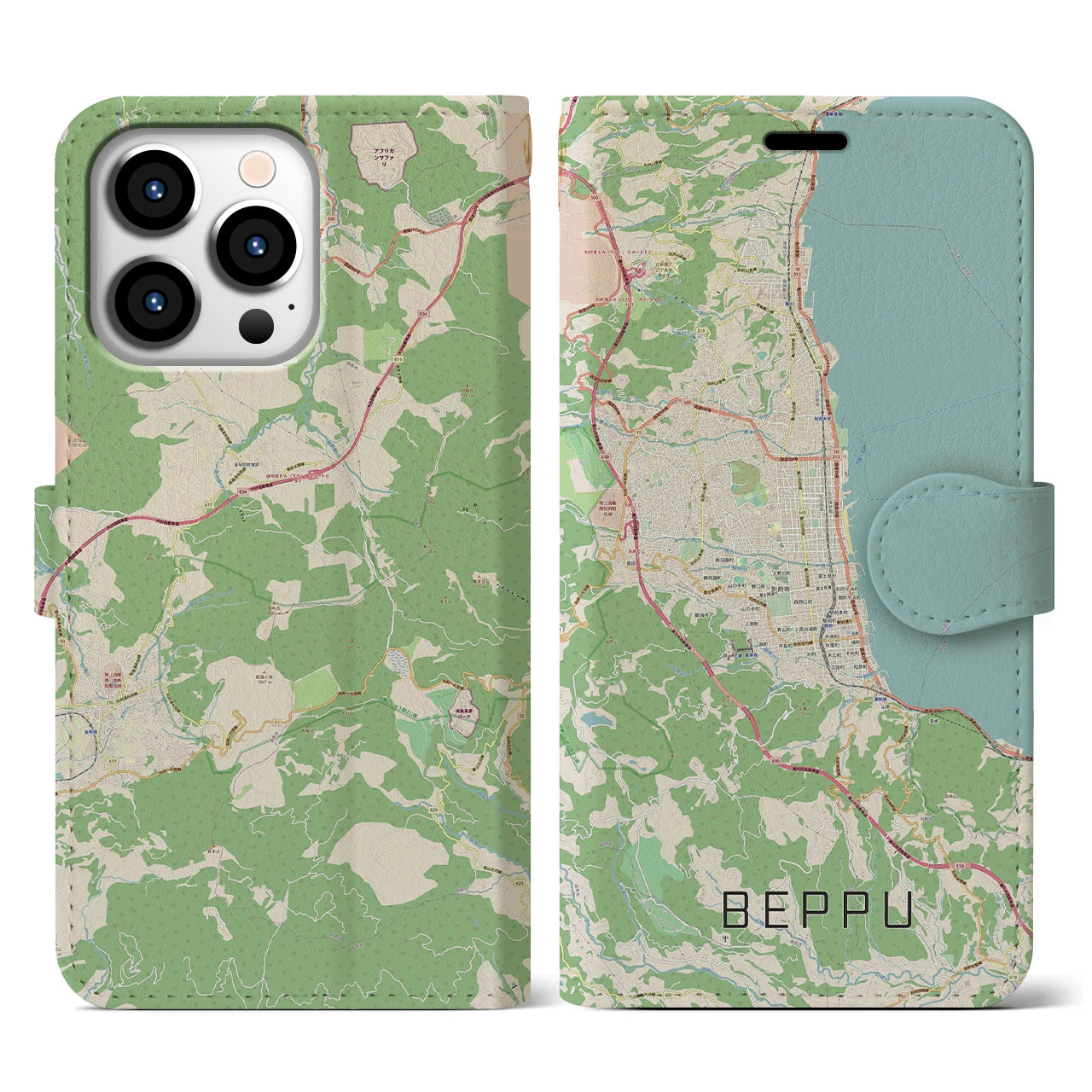 【別府(大分県)】地図柄iPhoneケース(手帳タイプ)ナチュラル・iPhone 13 Pro 用