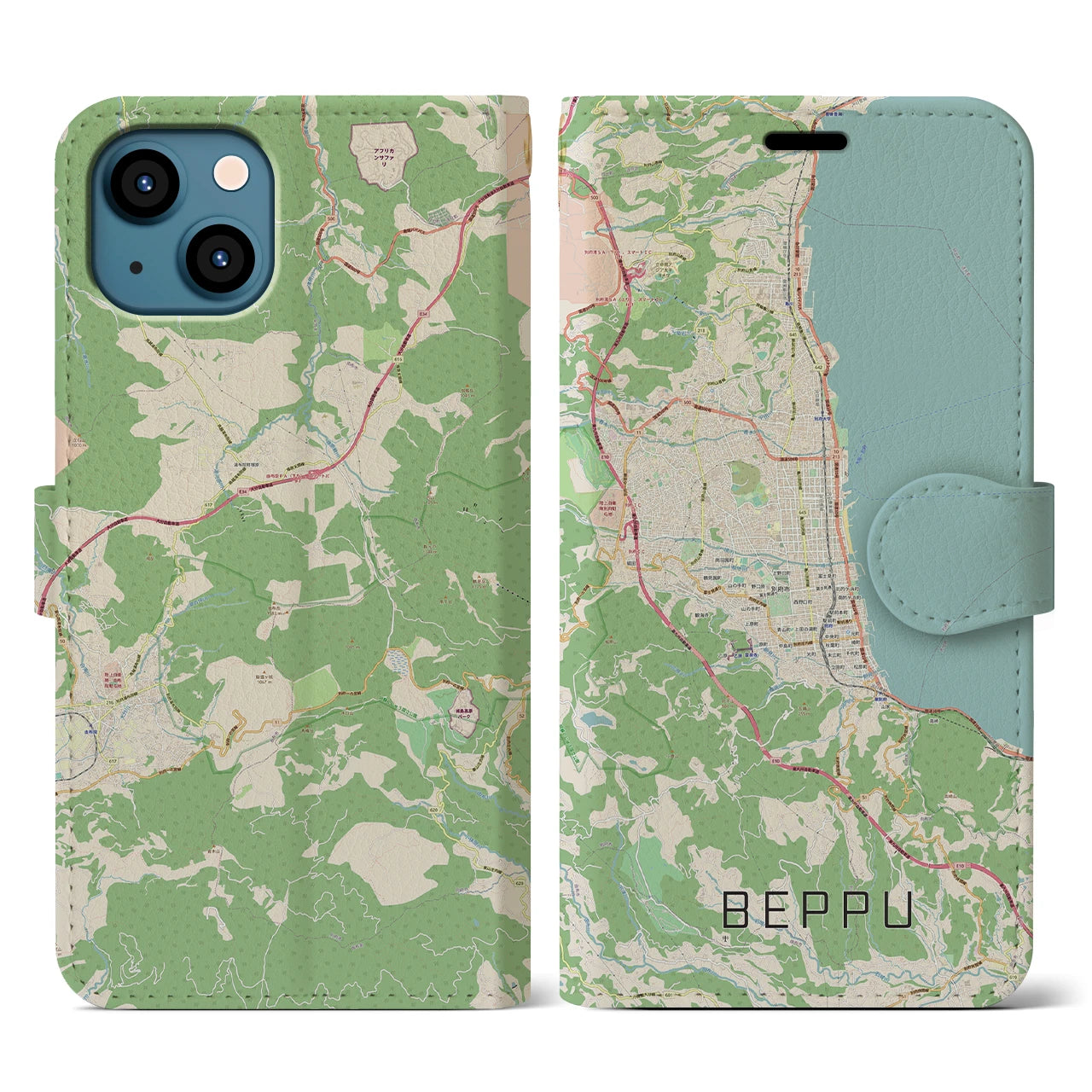 【別府(大分県)】地図柄iPhoneケース(手帳タイプ)ナチュラル・iPhone 13 用