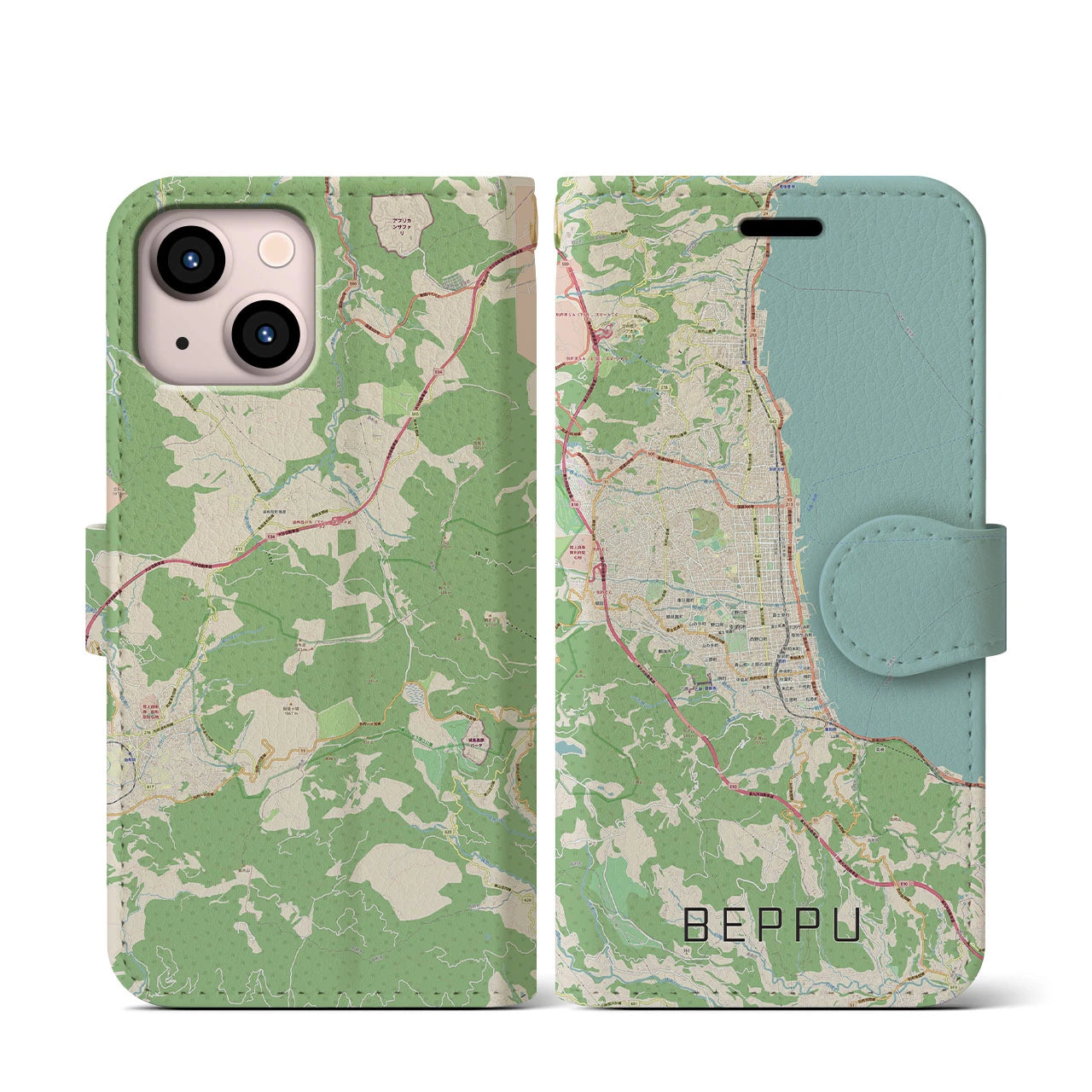 【別府(大分県)】地図柄iPhoneケース(手帳タイプ)ナチュラル・iPhone 13 mini 用