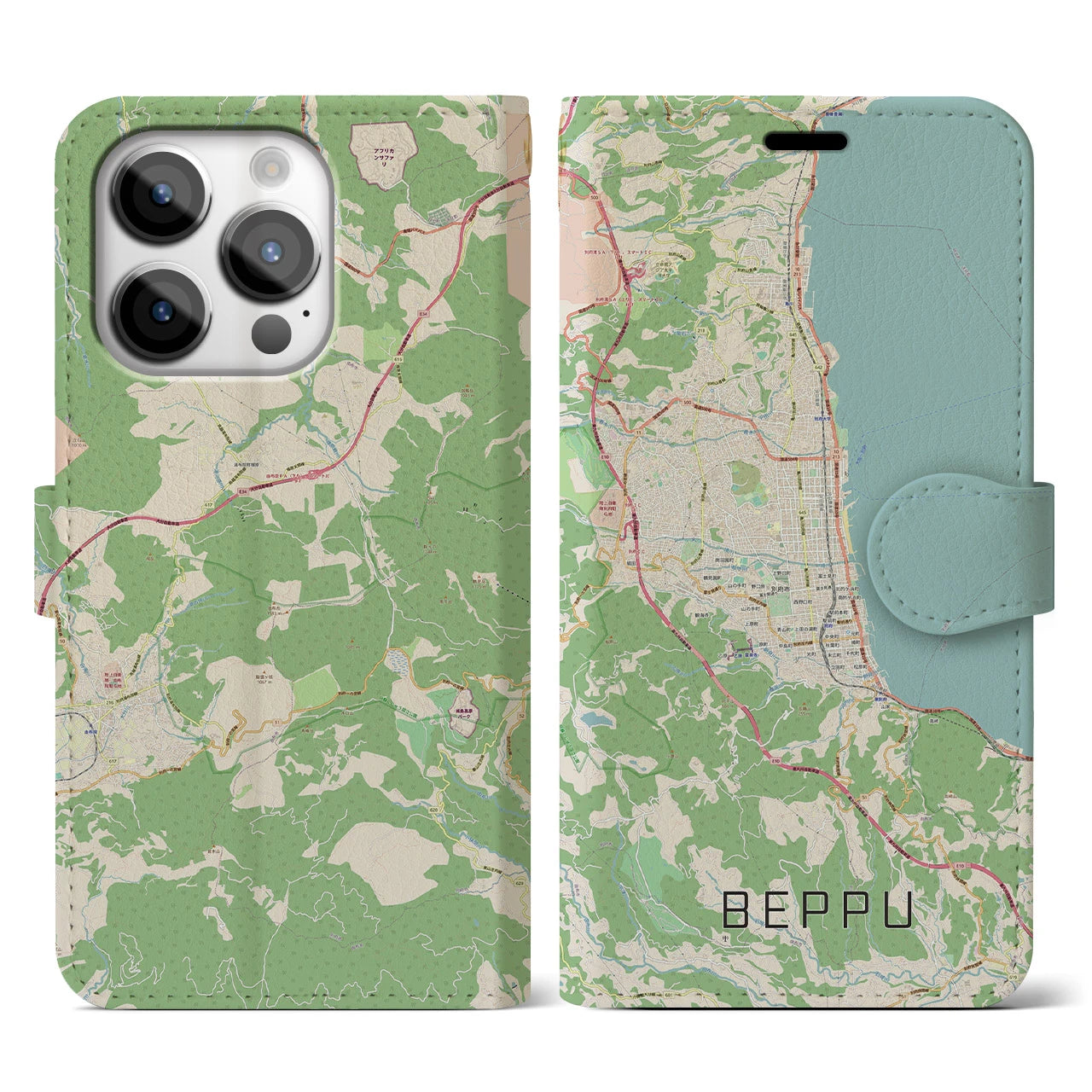 【別府(大分県)】地図柄iPhoneケース(手帳タイプ)ナチュラル・iPhone 14 Pro 用
