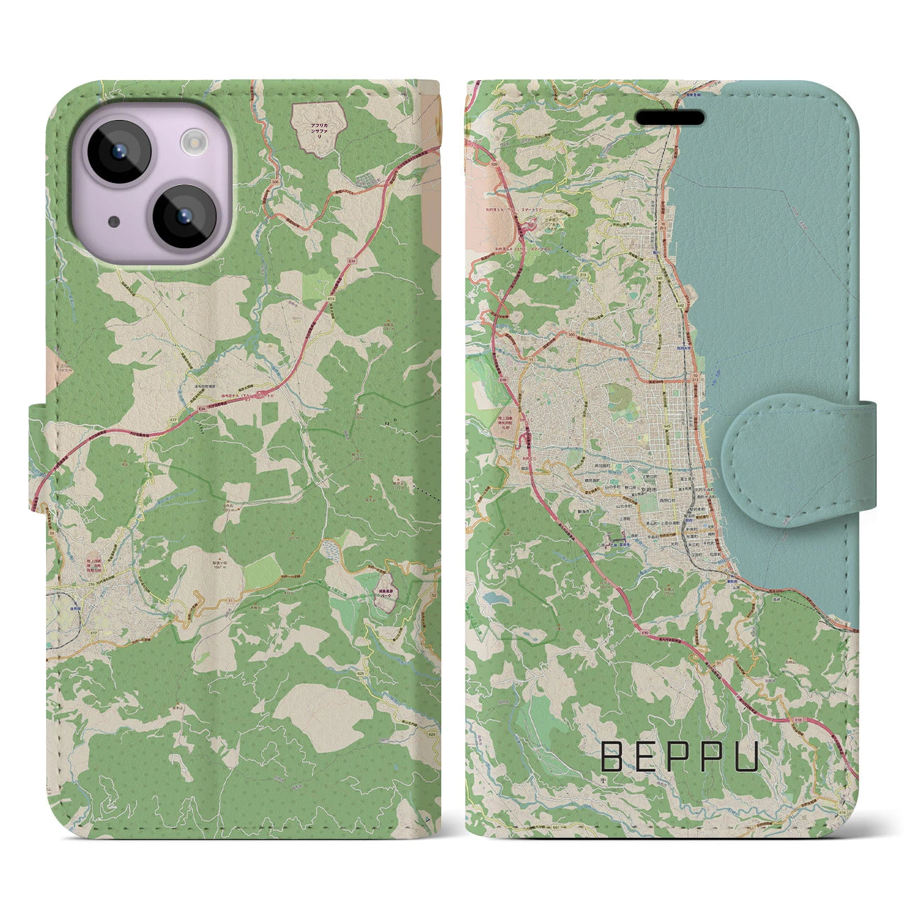【別府(大分県)】地図柄iPhoneケース(手帳タイプ)ナチュラル・iPhone 14 用