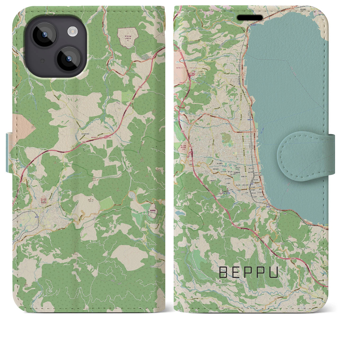 【別府(大分県)】地図柄iPhoneケース(手帳タイプ)ナチュラル・iPhone 14 Plus 用