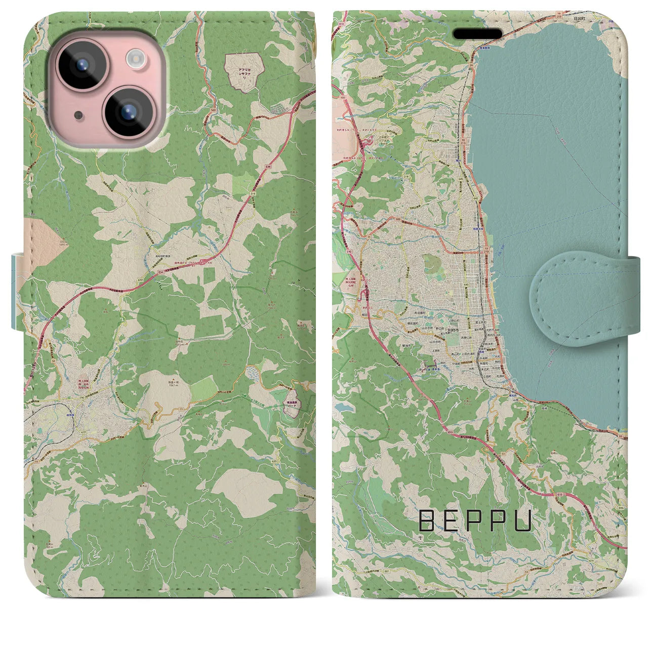【別府(大分県)】地図柄iPhoneケース(手帳タイプ)ナチュラル・iPhone 15 Plus 用