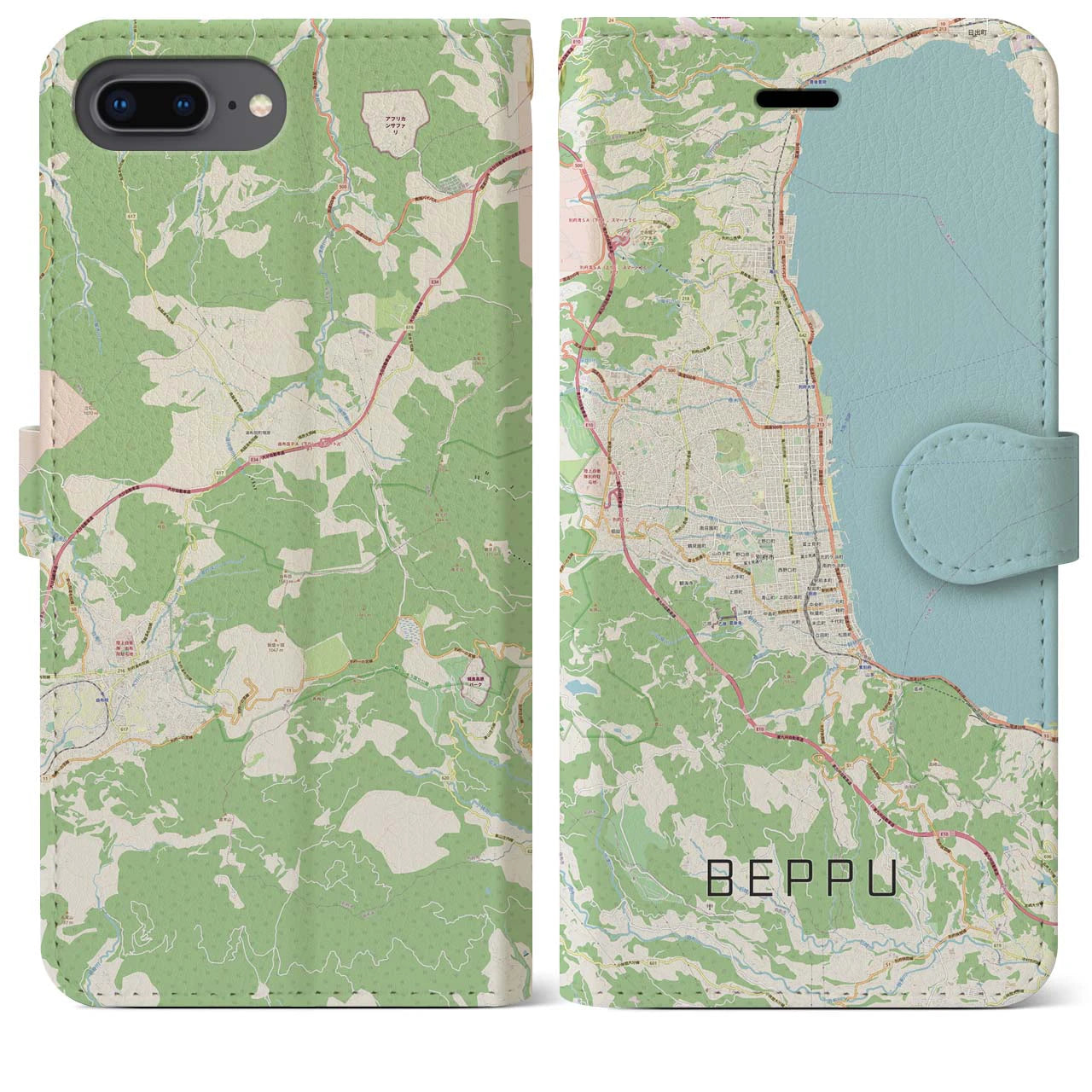 【別府(大分県)】地図柄iPhoneケース(手帳タイプ)ナチュラル・iPhone 8Plus /7Plus / 6sPlus / 6Plus 用