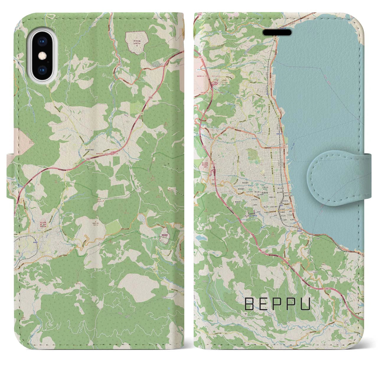 【別府(大分県)】地図柄iPhoneケース(手帳タイプ)ナチュラル・iPhone XS Max 用