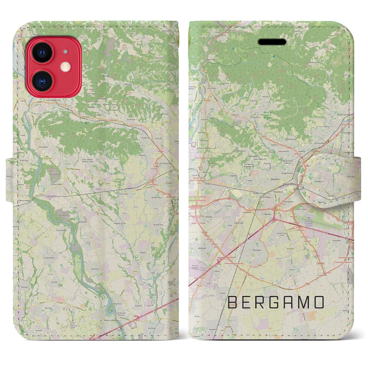 【ベルガモ(イタリア)】地図柄iPhoneケース(手帳タイプ)ナチュラル・iPhone 11 用