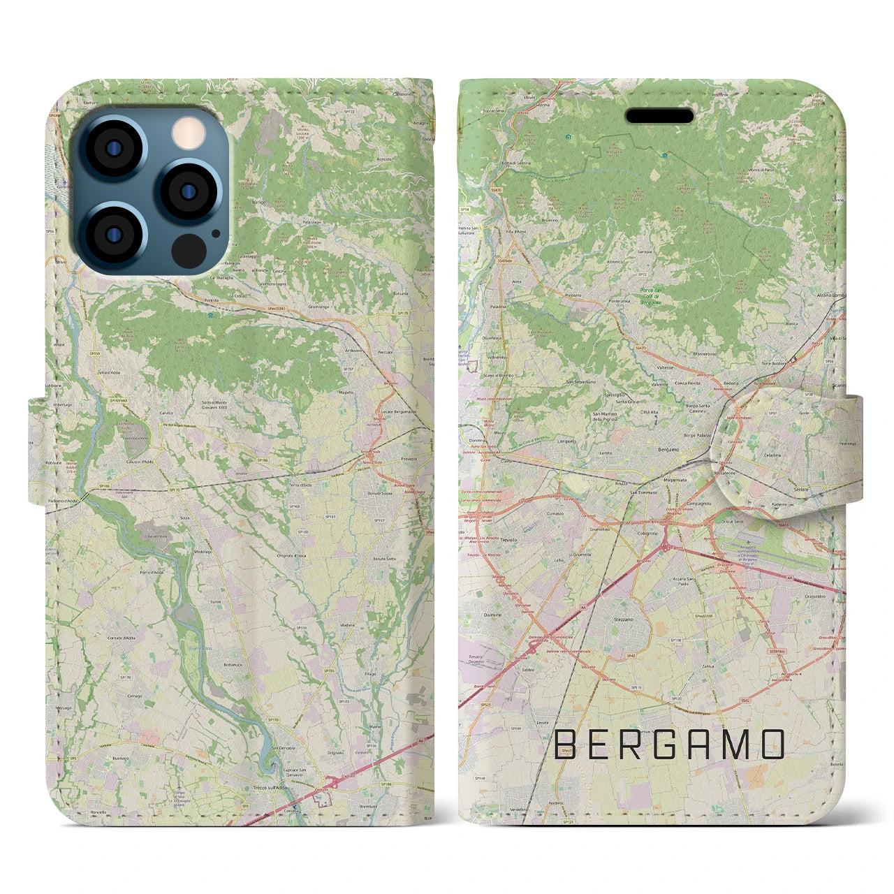 【ベルガモ(イタリア)】地図柄iPhoneケース(手帳タイプ)ナチュラル・iPhone 12 / 12 Pro 用
