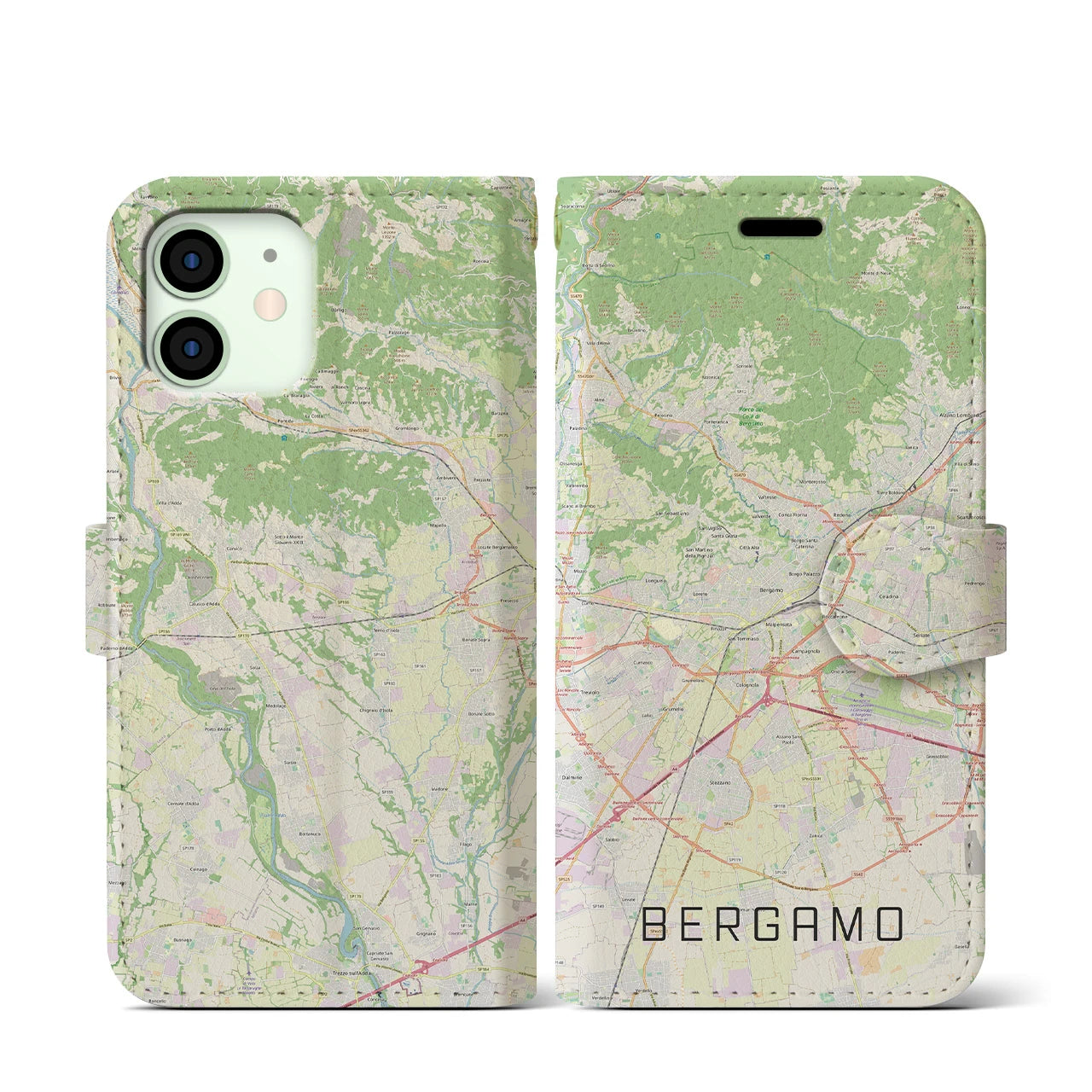 【ベルガモ(イタリア)】地図柄iPhoneケース(手帳タイプ)ナチュラル・iPhone 12 mini 用