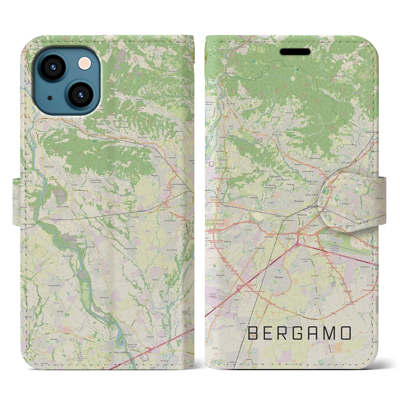 【ベルガモ(イタリア)】地図柄iPhoneケース(手帳タイプ)ナチュラル・iPhone 13 用