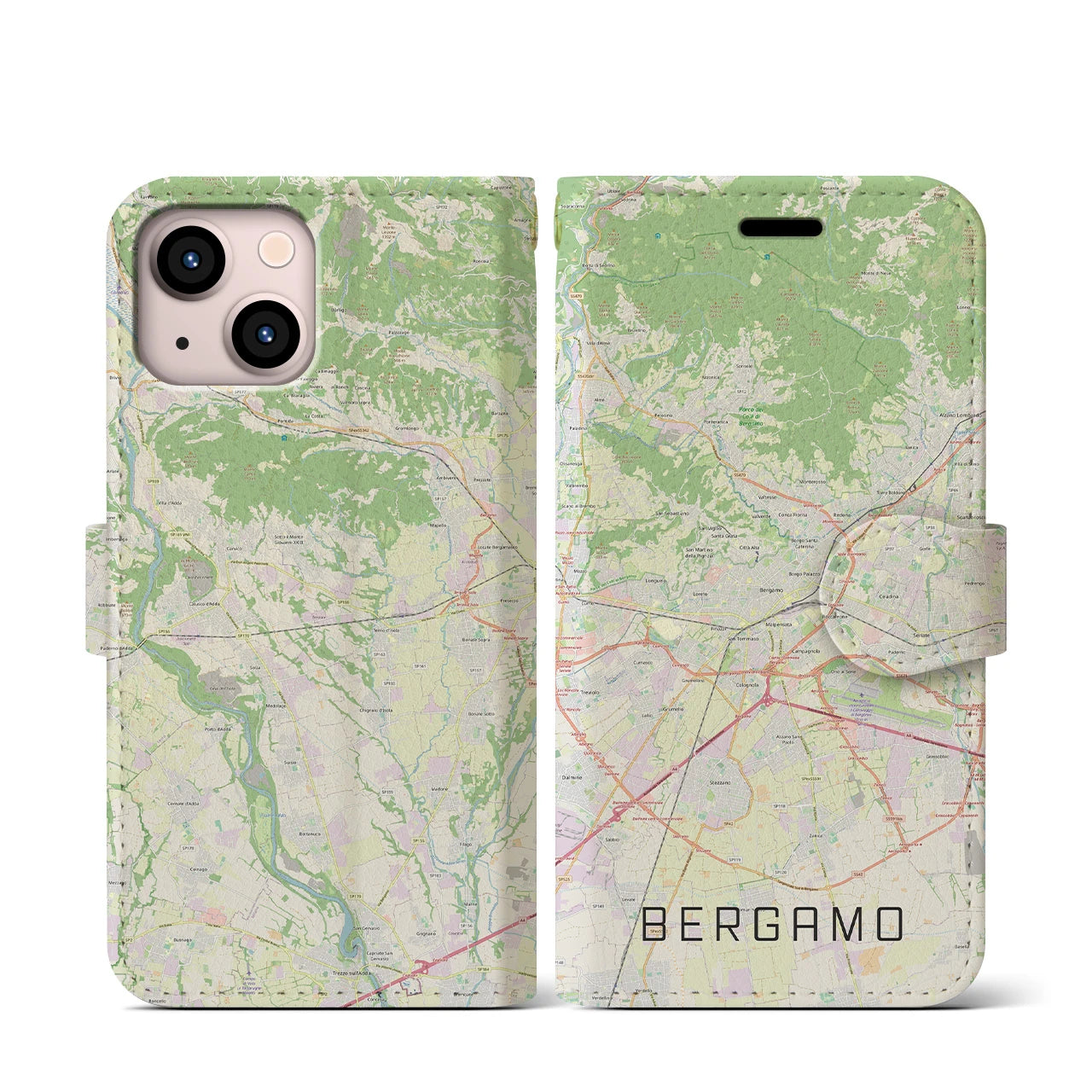 【ベルガモ(イタリア)】地図柄iPhoneケース(手帳タイプ)ナチュラル・iPhone 13 mini 用