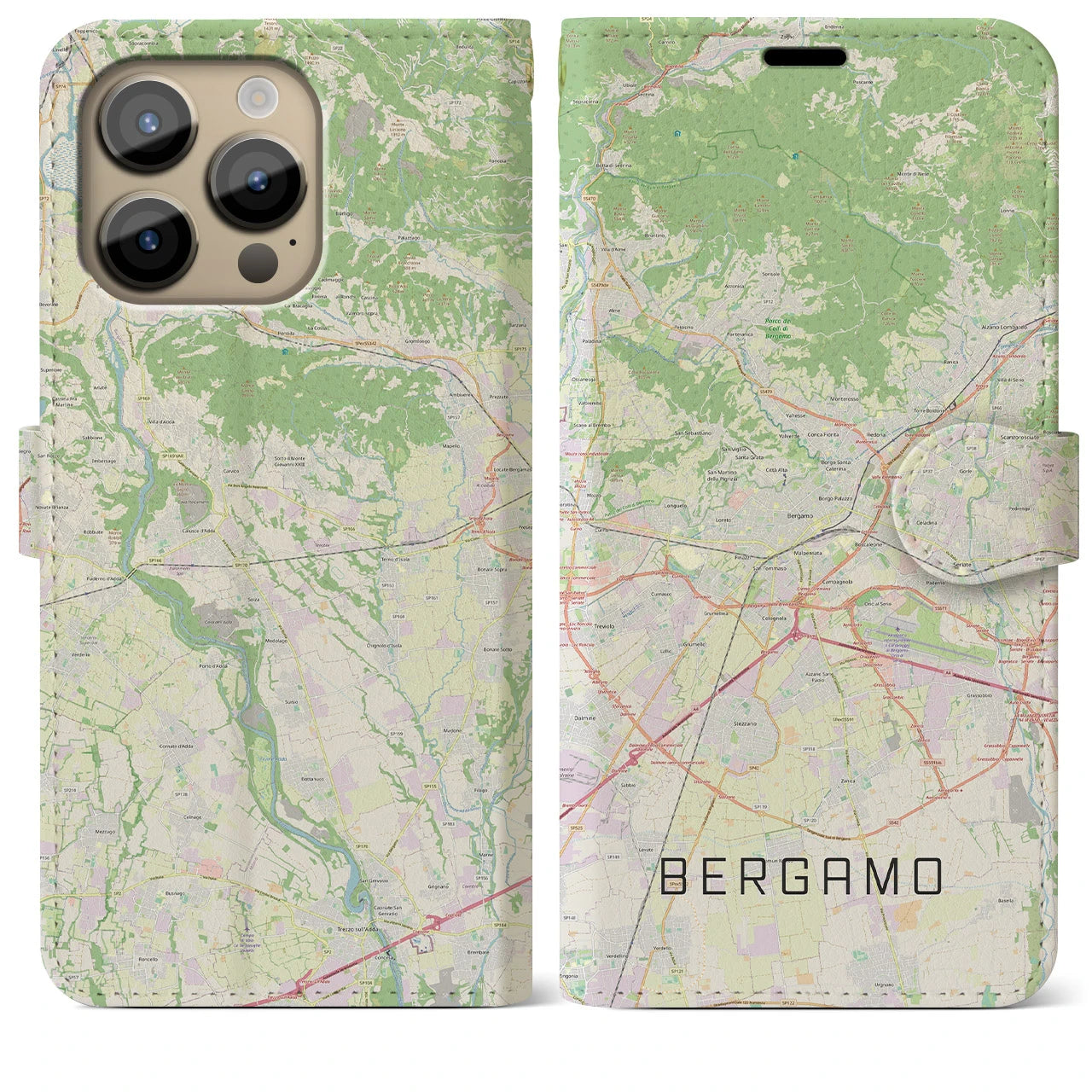 【ベルガモ(イタリア)】地図柄iPhoneケース(手帳タイプ)ナチュラル・iPhone 14 Pro Max 用