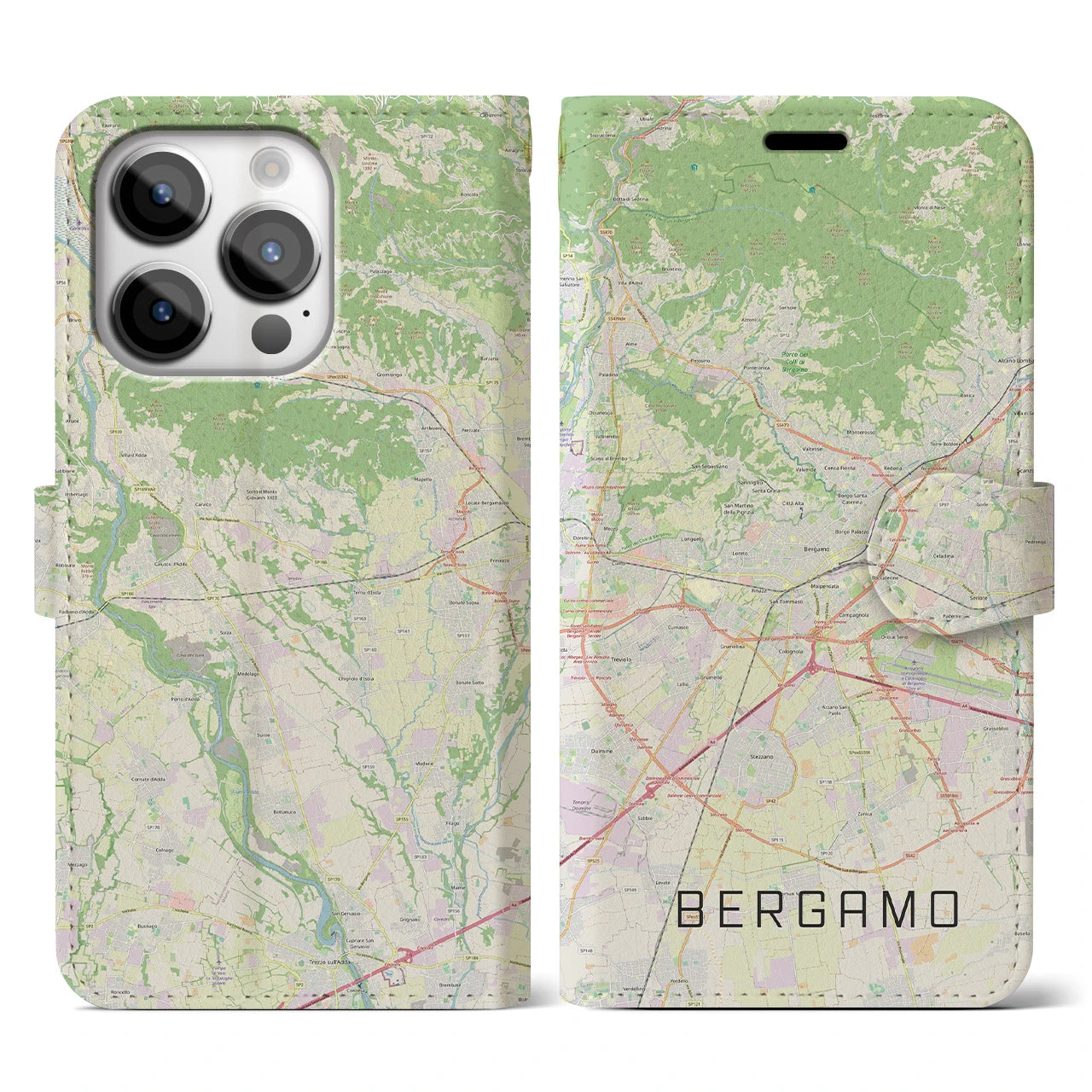 【ベルガモ(イタリア)】地図柄iPhoneケース(手帳タイプ)ナチュラル・iPhone 14 Pro 用