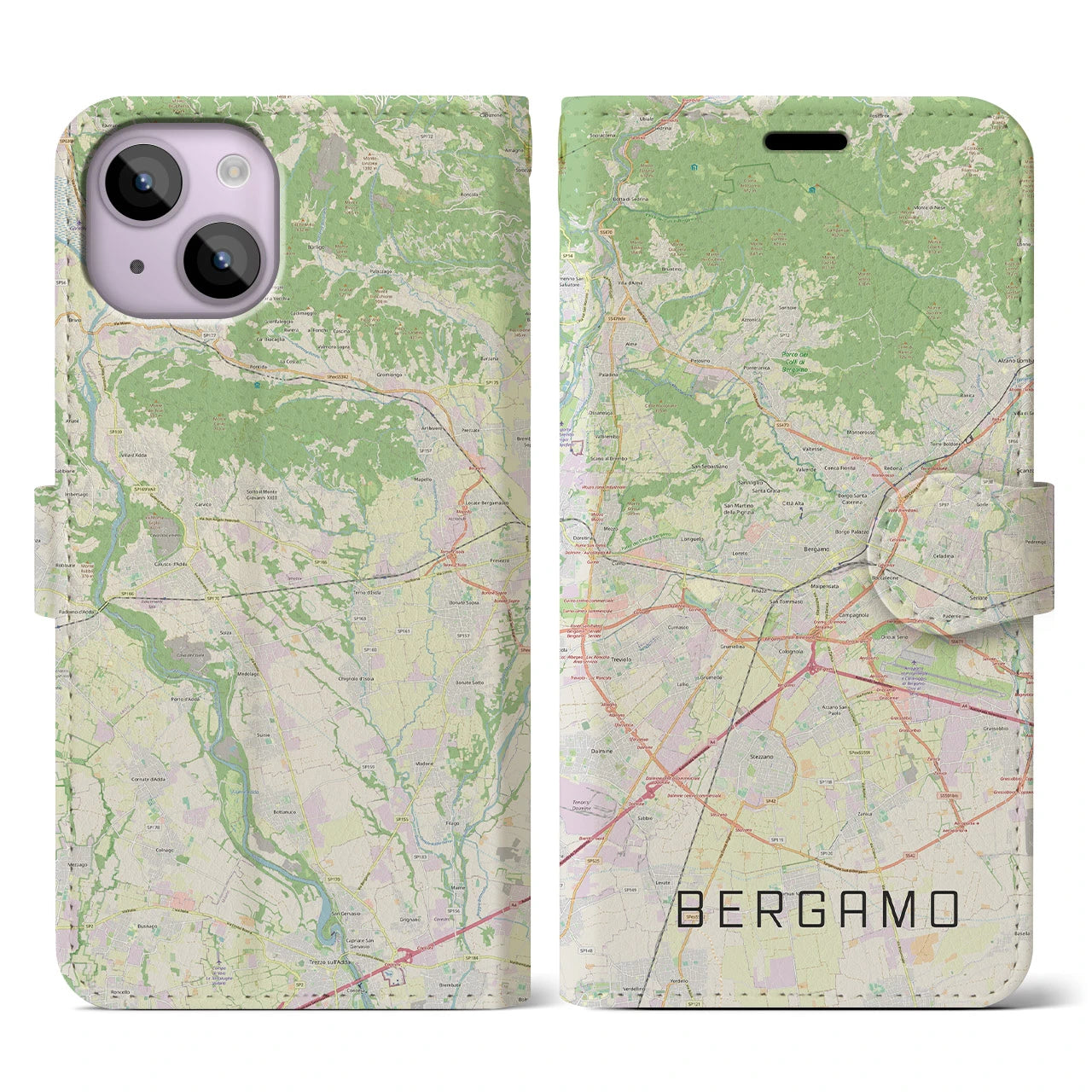 【ベルガモ(イタリア)】地図柄iPhoneケース(手帳タイプ)ナチュラル・iPhone 14 用