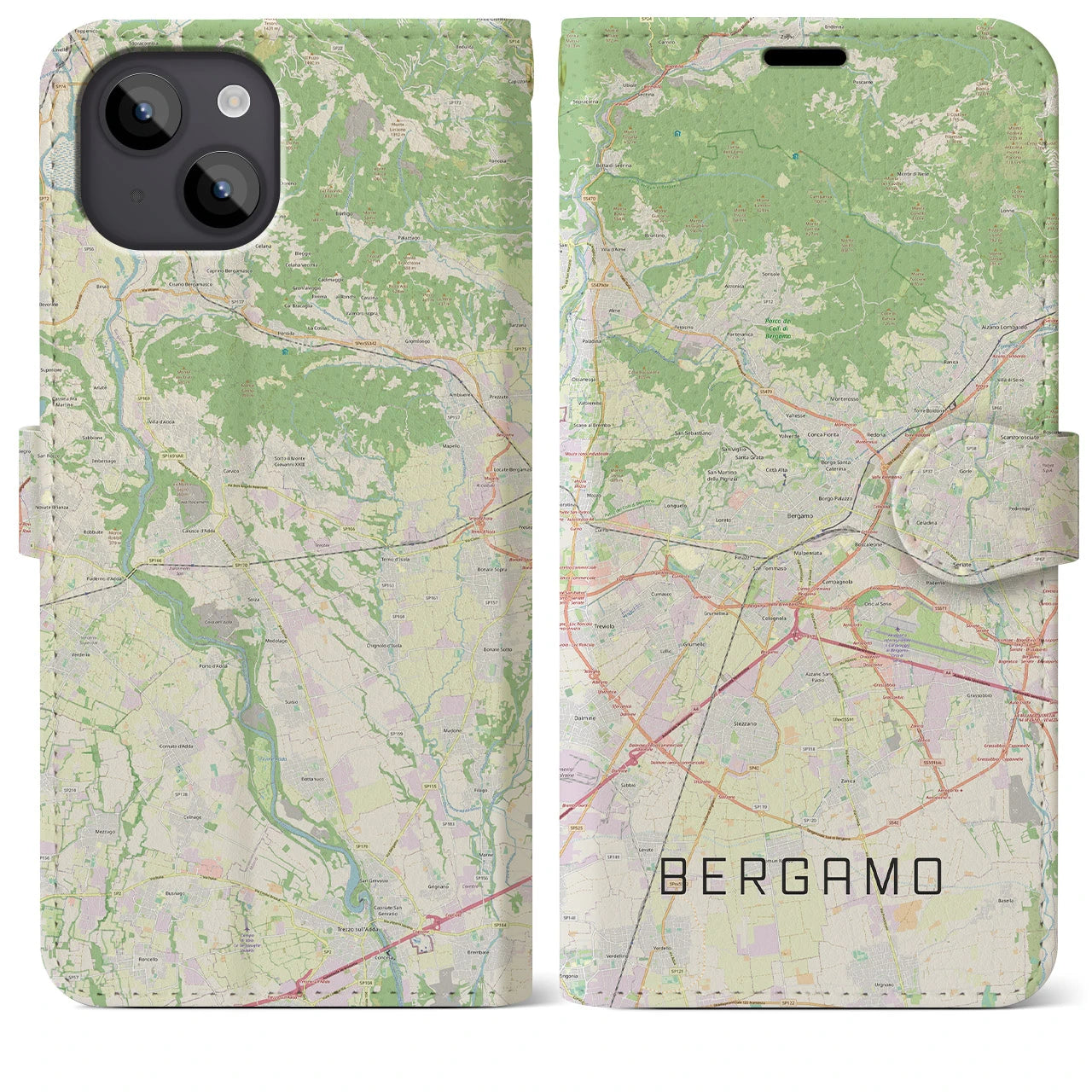 【ベルガモ(イタリア)】地図柄iPhoneケース(手帳タイプ)ナチュラル・iPhone 14 Plus 用