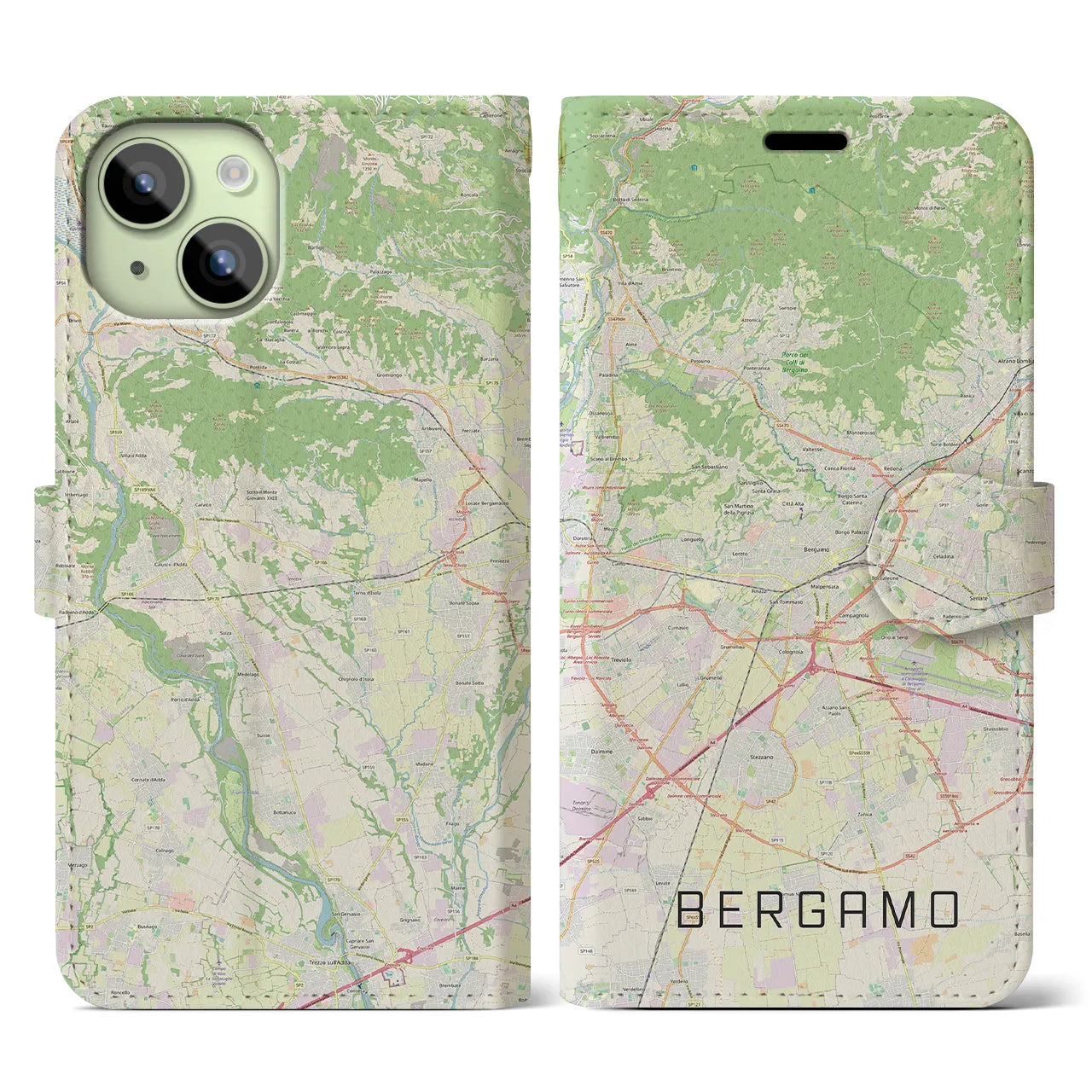 【ベルガモ(イタリア)】地図柄iPhoneケース(手帳タイプ)ナチュラル・iPhone 15 用