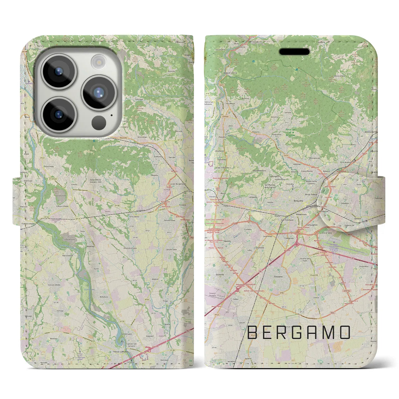 【ベルガモ(イタリア)】地図柄iPhoneケース(手帳タイプ)ナチュラル・iPhone 15 Pro 用