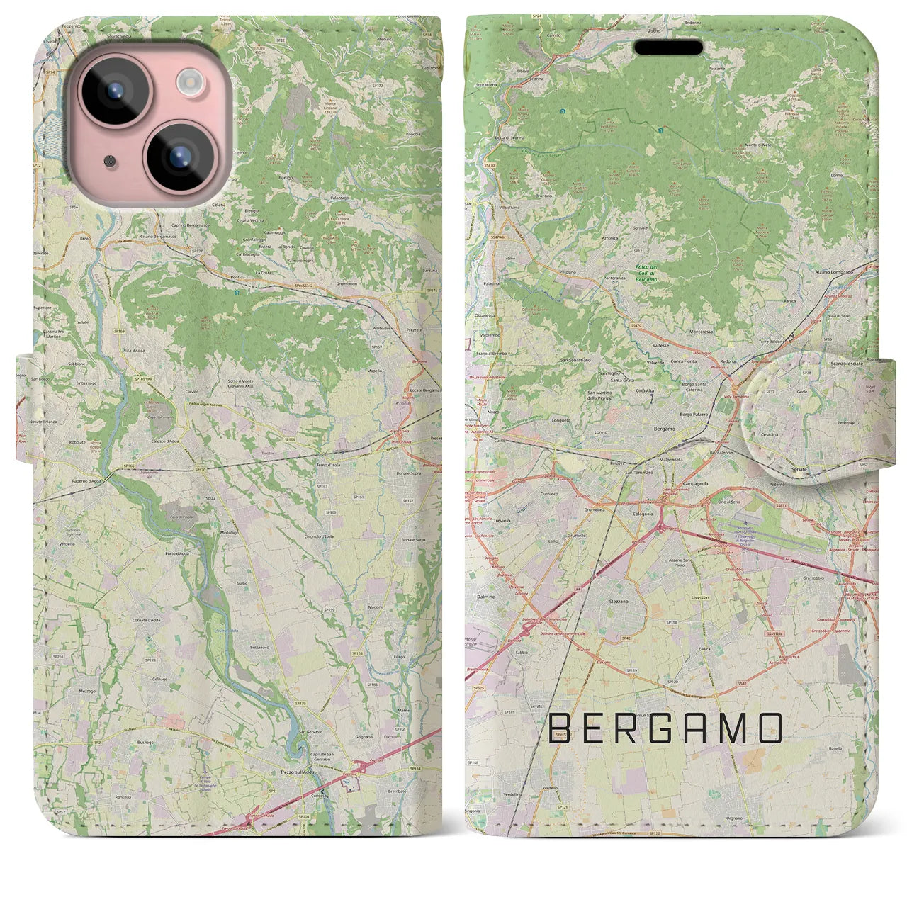 【ベルガモ(イタリア)】地図柄iPhoneケース(手帳タイプ)ナチュラル・iPhone 15 Plus 用