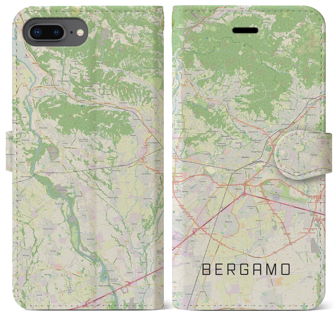 【ベルガモ(イタリア)】地図柄iPhoneケース(手帳タイプ)ナチュラル・iPhone 8Plus /7Plus / 6sPlus / 6Plus 用