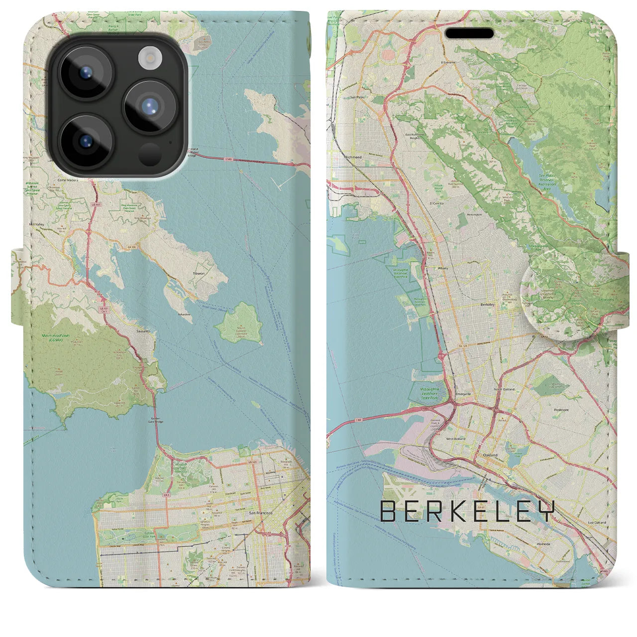 【バークレー(アメリカ)】地図柄iPhoneケース(手帳タイプ)ナチュラル・iPhone 15 Pro Max 用