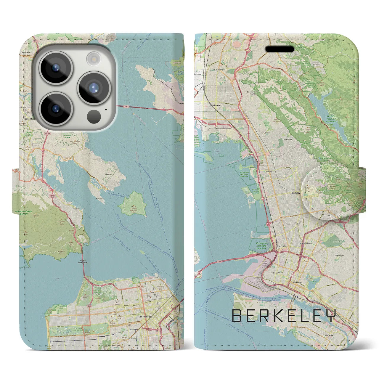 【バークレー(アメリカ)】地図柄iPhoneケース(手帳タイプ)ナチュラル・iPhone 15 Pro 用