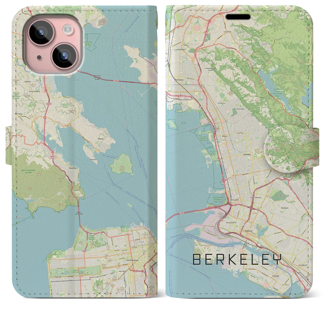 【バークレー(アメリカ)】地図柄iPhoneケース(手帳タイプ)ナチュラル・iPhone 15 Plus 用