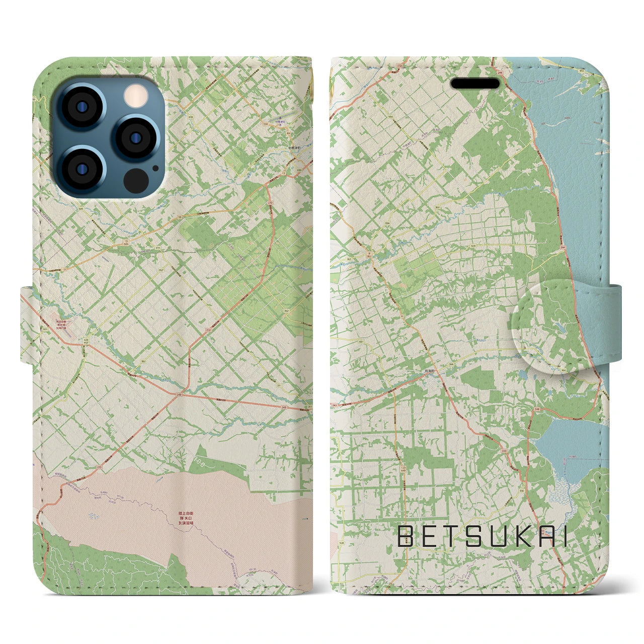 【別海(北海道)】地図柄iPhoneケース(手帳タイプ)ナチュラル・iPhone 12 / 12 Pro 用