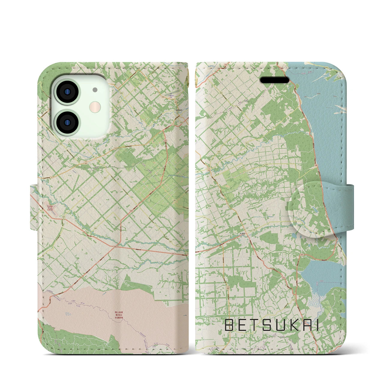 【別海(北海道)】地図柄iPhoneケース(手帳タイプ)ナチュラル・iPhone 12 mini 用
